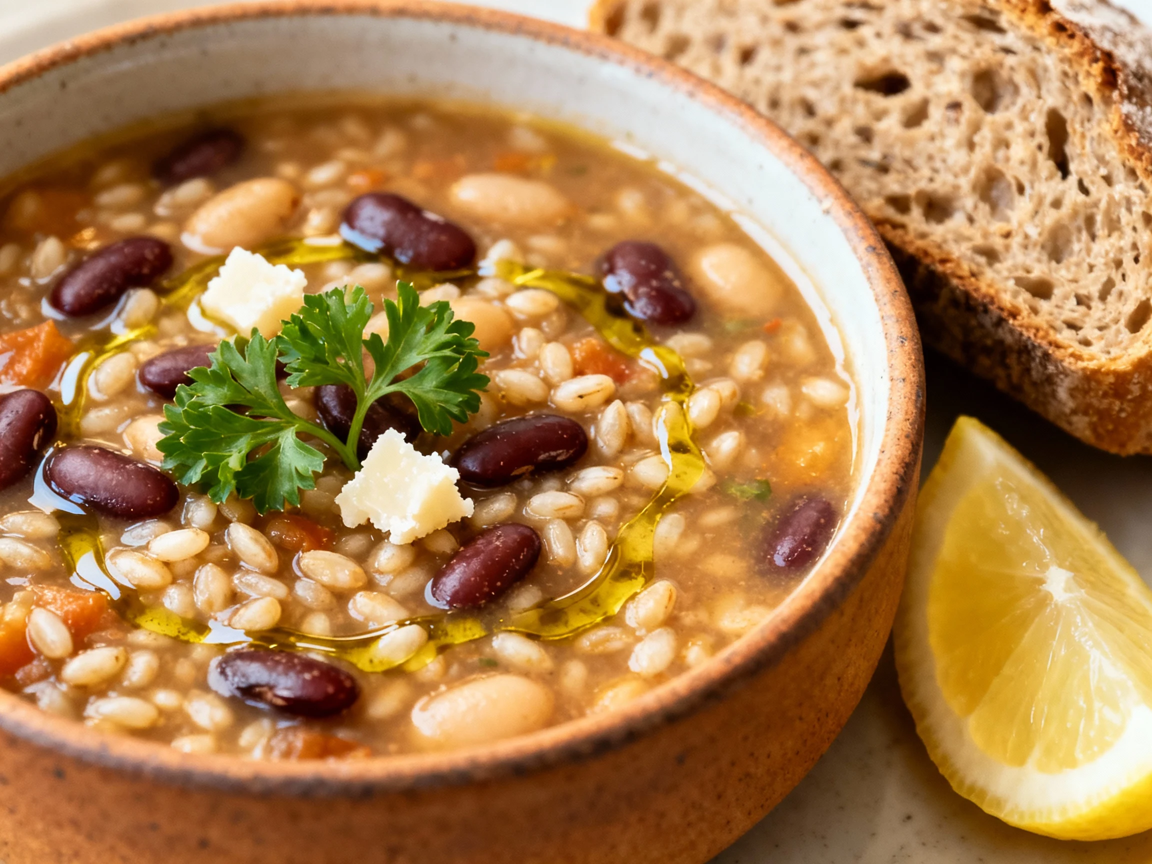 Food photography, 3. Beautifully plated bean-and-barley minestrone in a rustic ceramic bowl, finished with parsley, oliv