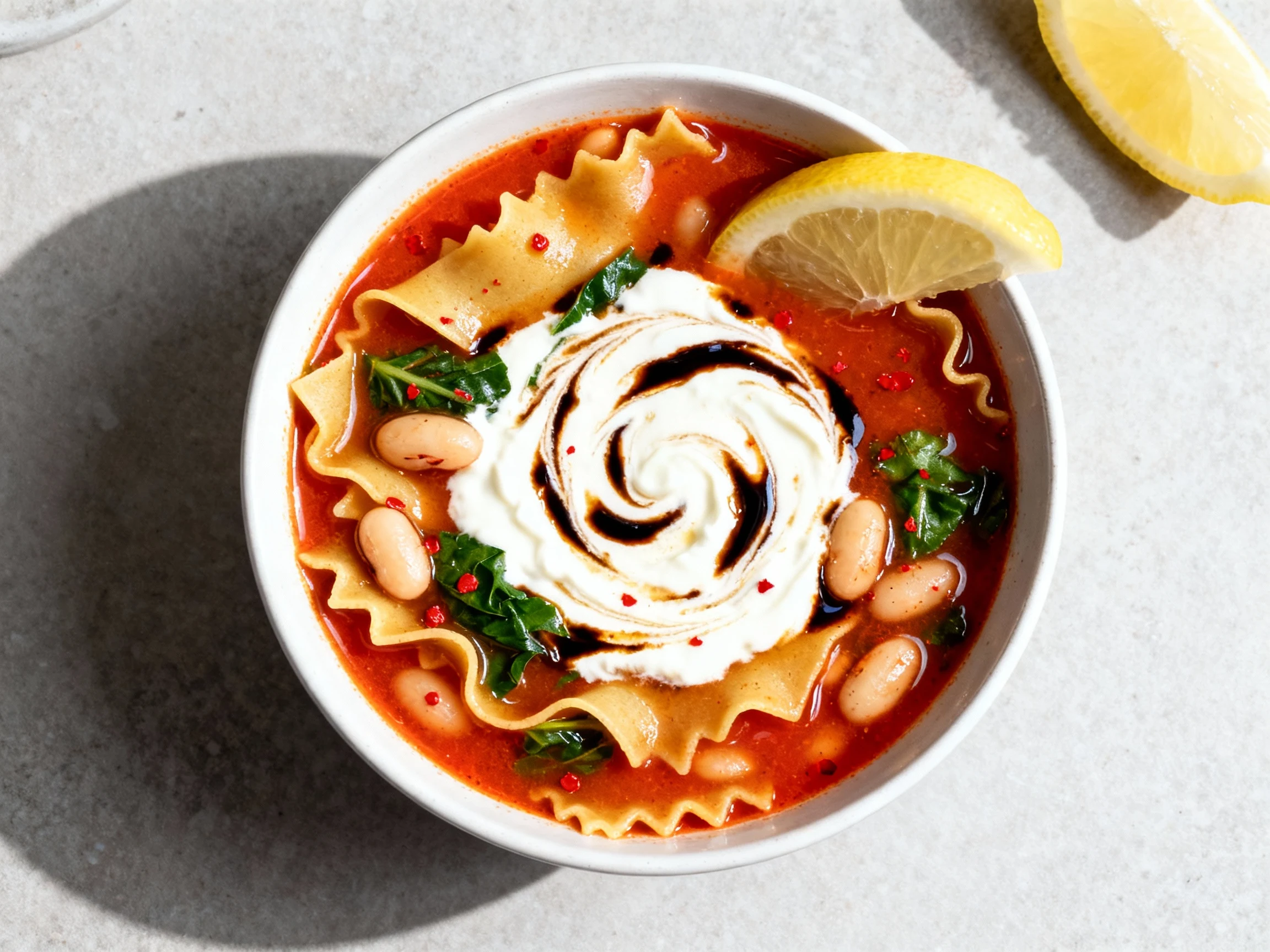 Food photography, Overhead top view: lasagna soup with sturdy noodle shards, cannellini beans, greens, and flecks of red