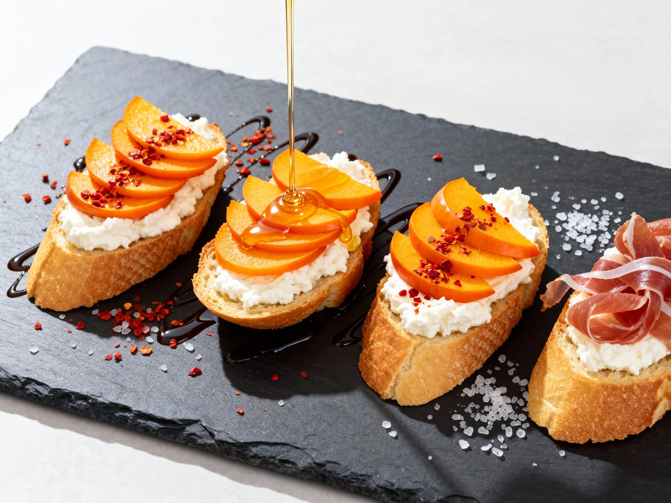 Food photography, Beautifully plated ricotta–persimmon crostini on a dark slate board, crisp golden baguette slices topp