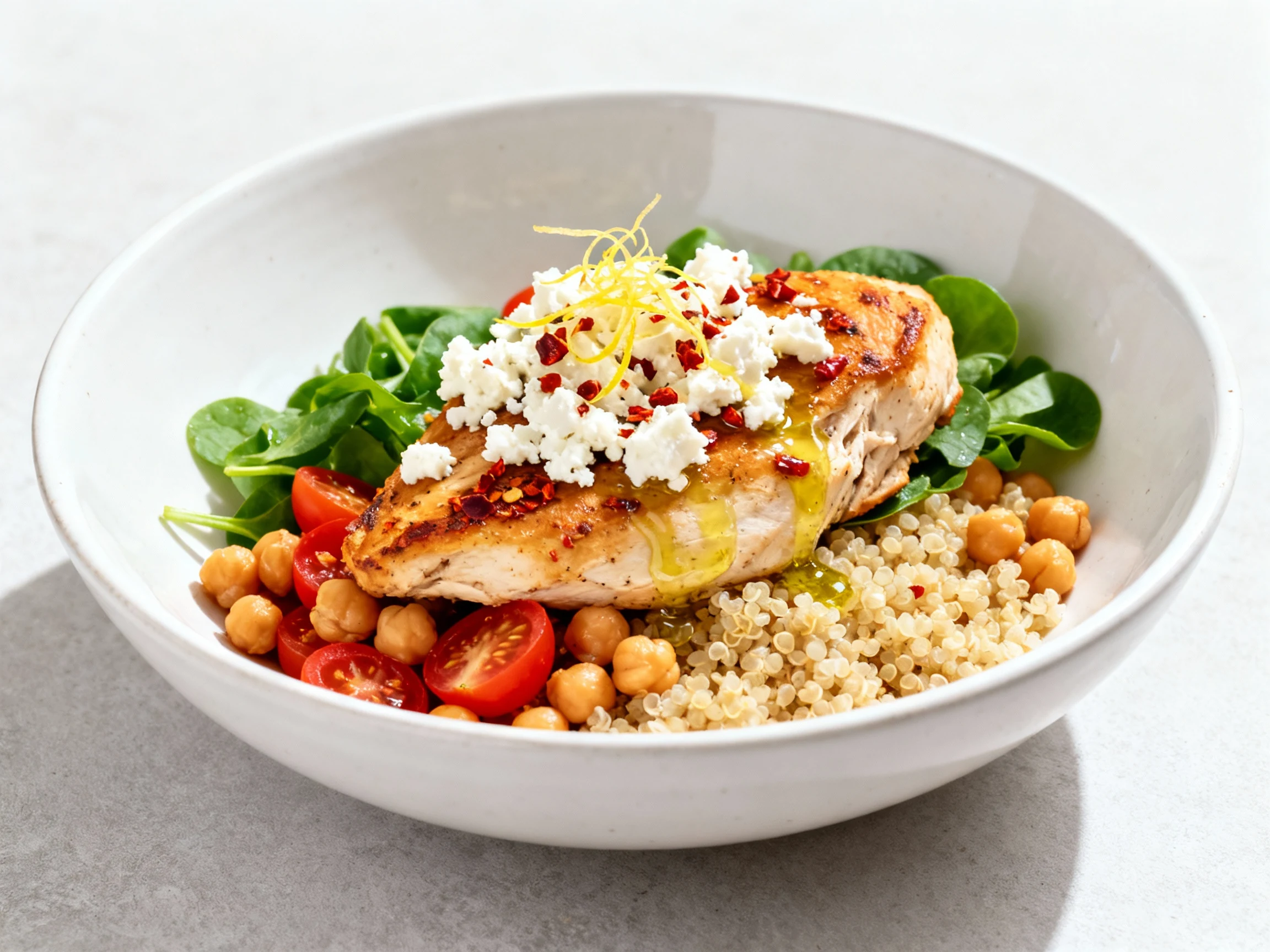 Food photography, 3. Beautifully plated bowl of chili-lemon chicken over fluffy quinoa, chickpeas and tomatoes arranged 