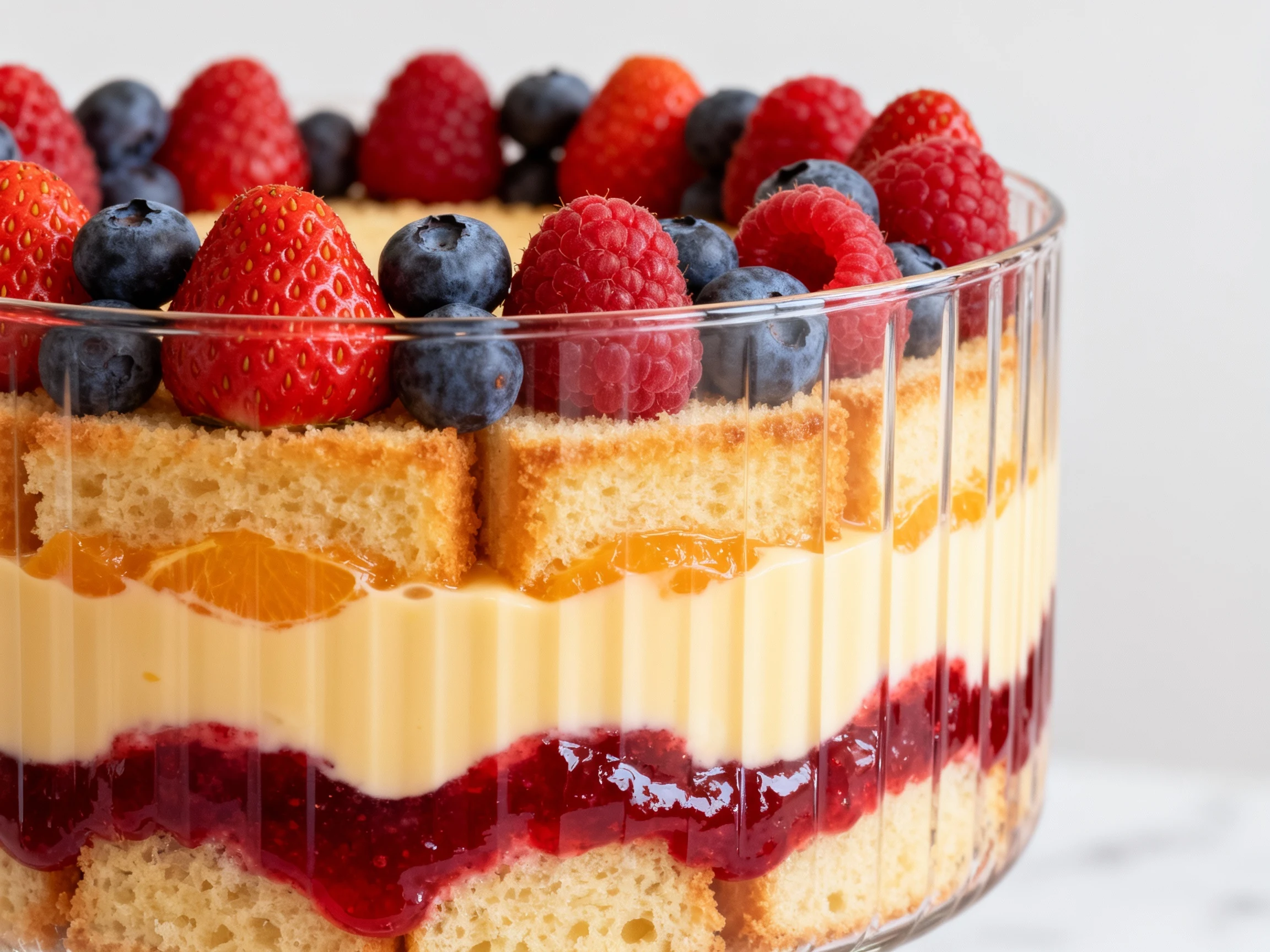 Food photography, Close-up detail: Side wall of trifle showing glossy raspberry jam, silky set custard, evenly moistened