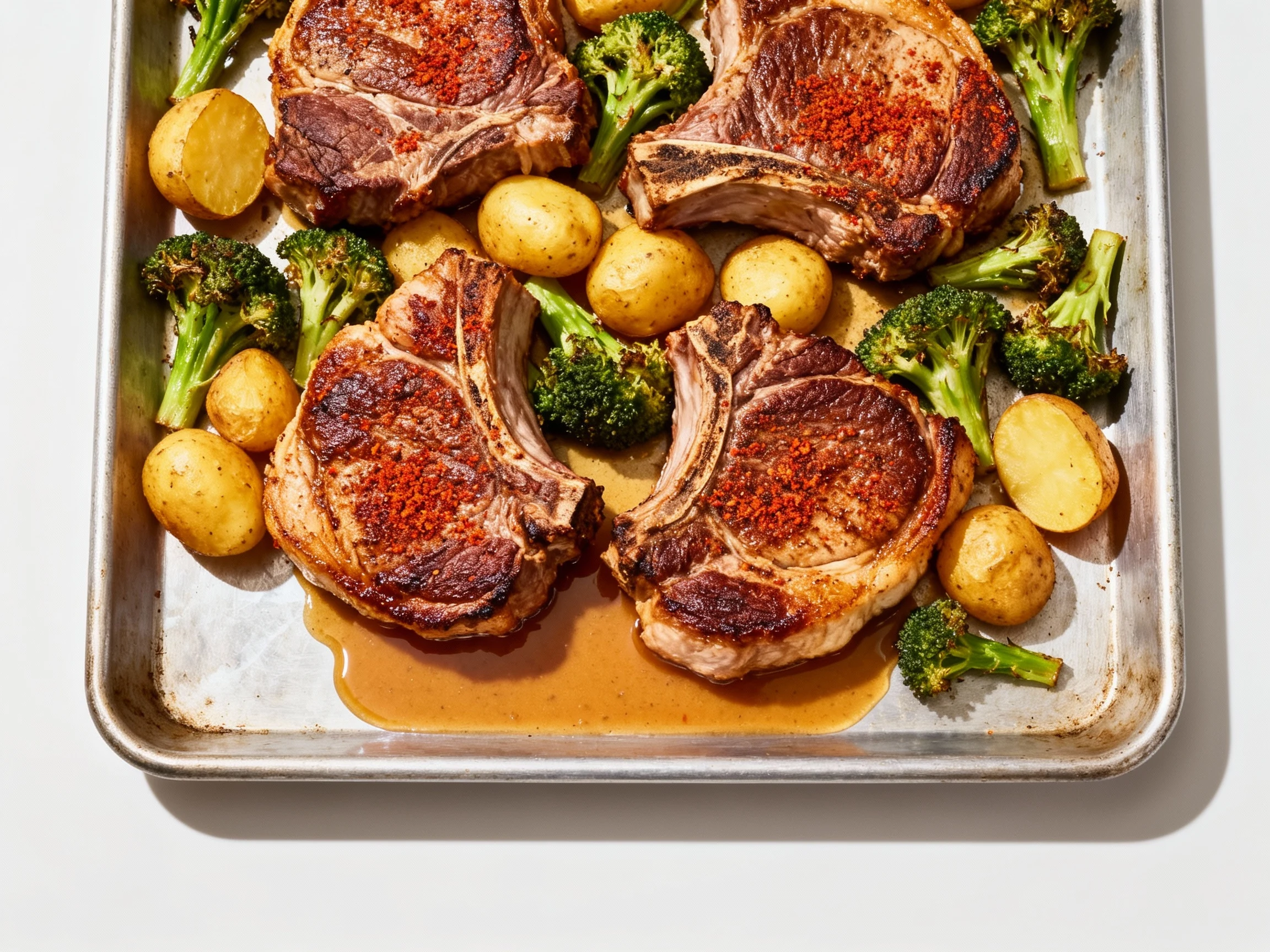 Food photography, Overhead shot: oven-baked pork chops on a sheet pan with roasted broccoli and golden potatoes; paprika