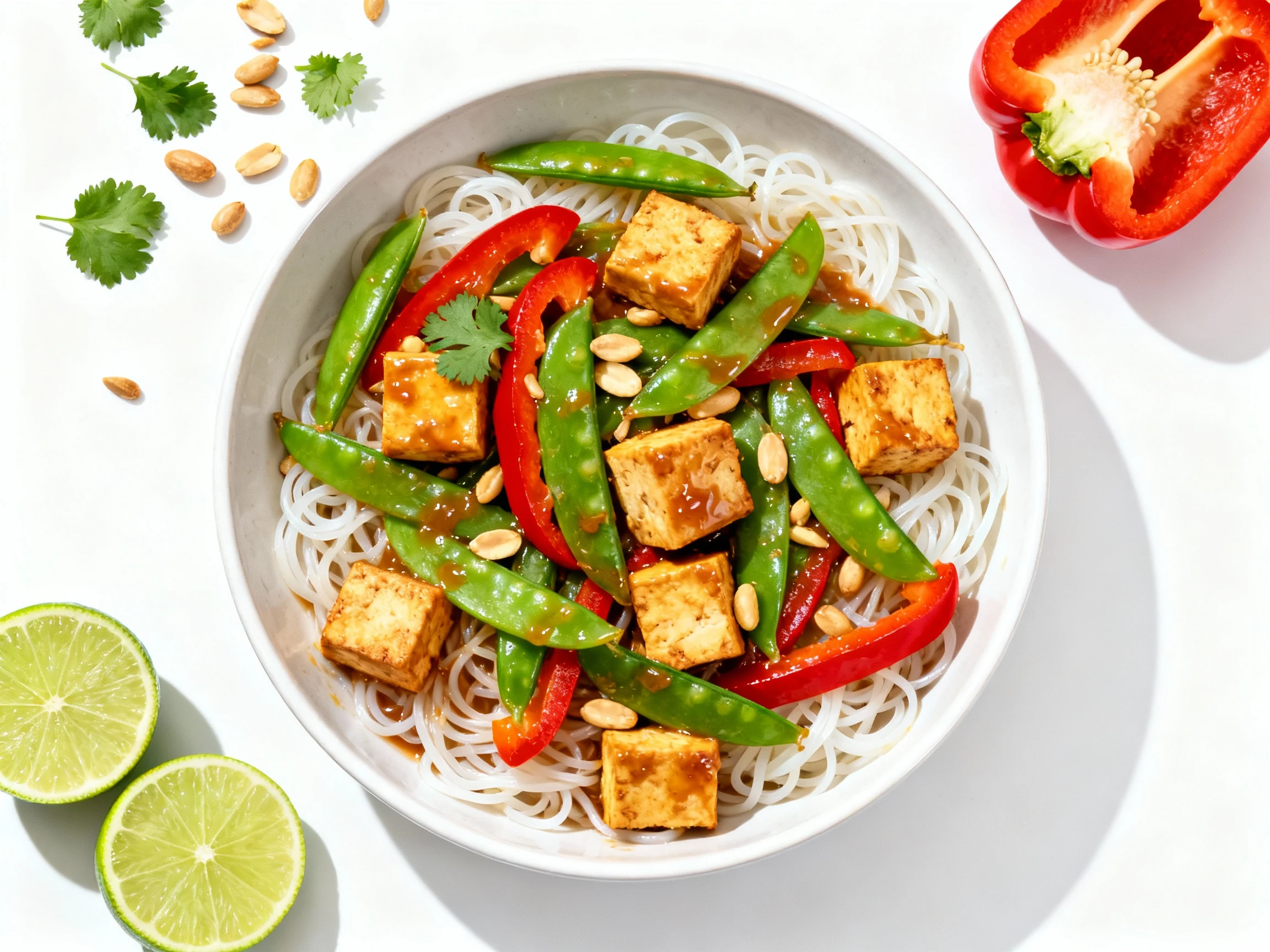Food photography, Tasty top view: peanut-lime tofu stir-fry with bell peppers and snap peas over rice noodles; sauce cli