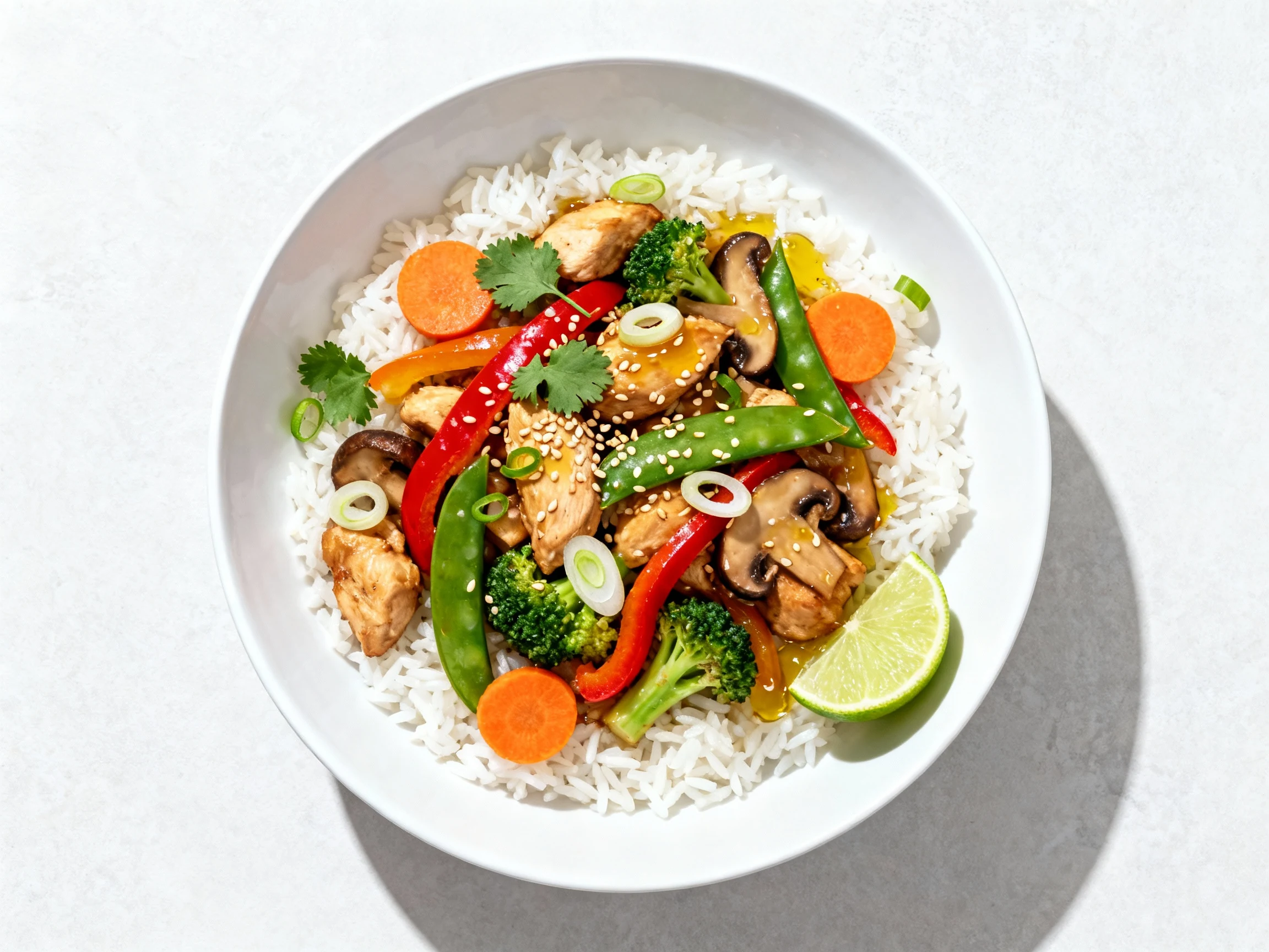Food photography, 3. Tasty top view: Overhead shot of chicken stir-fry over steamed jasmine rice in a wide white bowl—vi