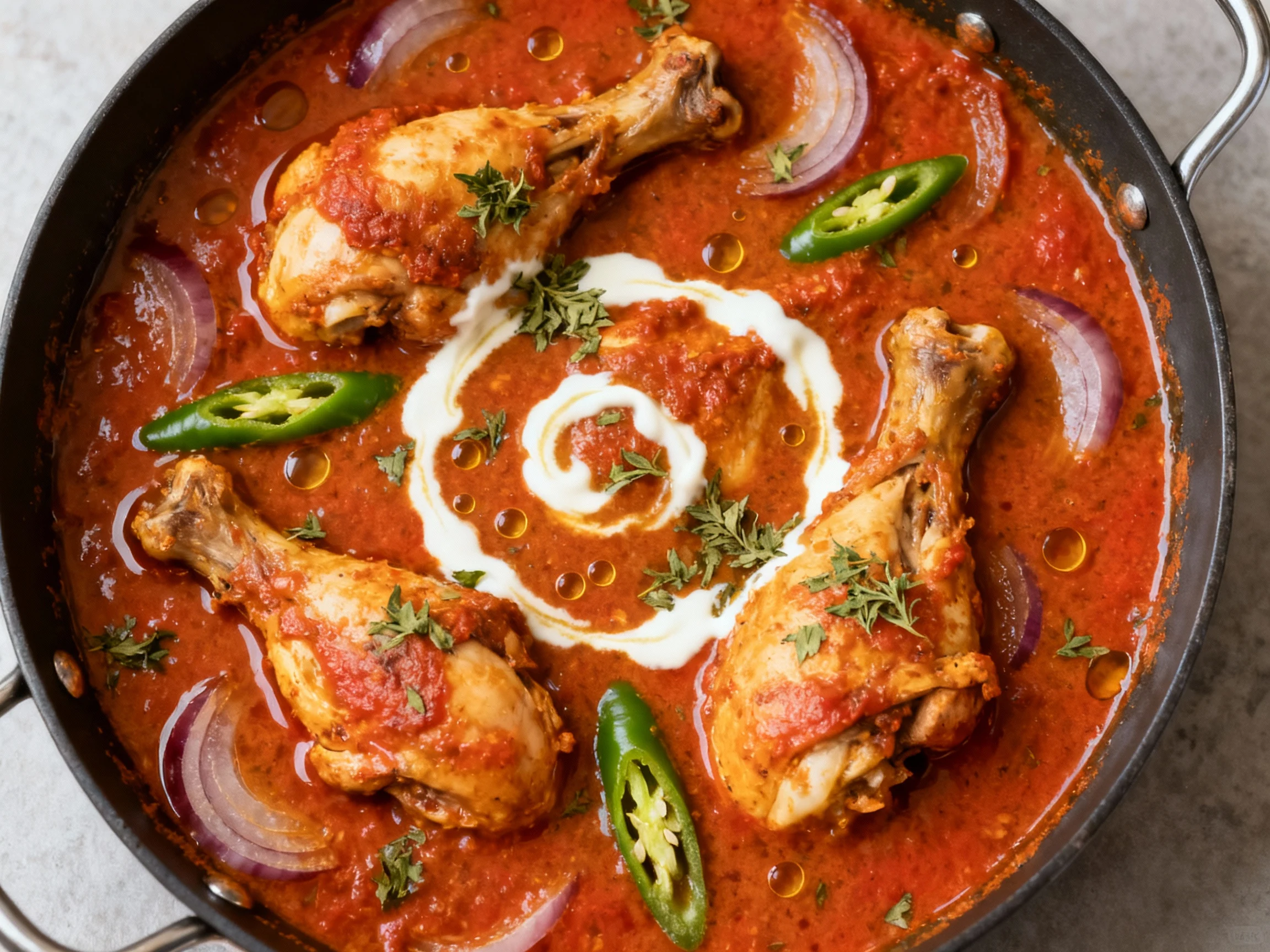 Food photography, Tasty top view: Simmering chicken curry in pan—bone-in pieces nestled in medium-thick tomato-onion gra