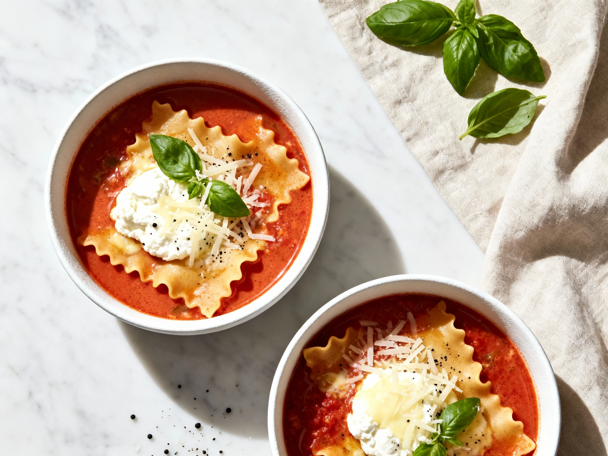 Food photography, Tasty top view: Overhead shot of two matte white bowls of one-pot lasagna soup—rich, slightly creamy r