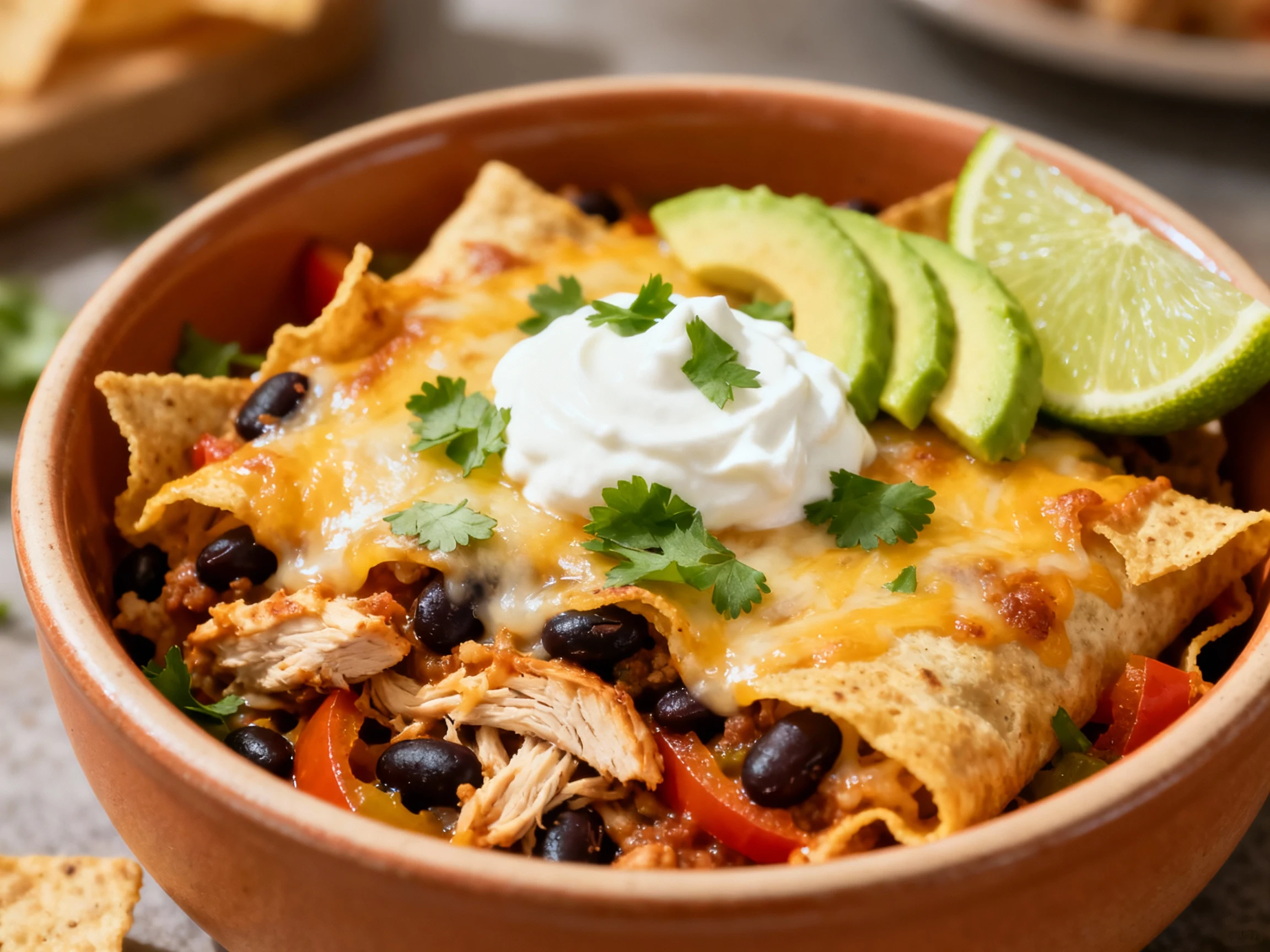 Food photography, Beautifully plated scoop of chicken enchilada bake in a warm ceramic bowl: melty cheese, crisp tortill