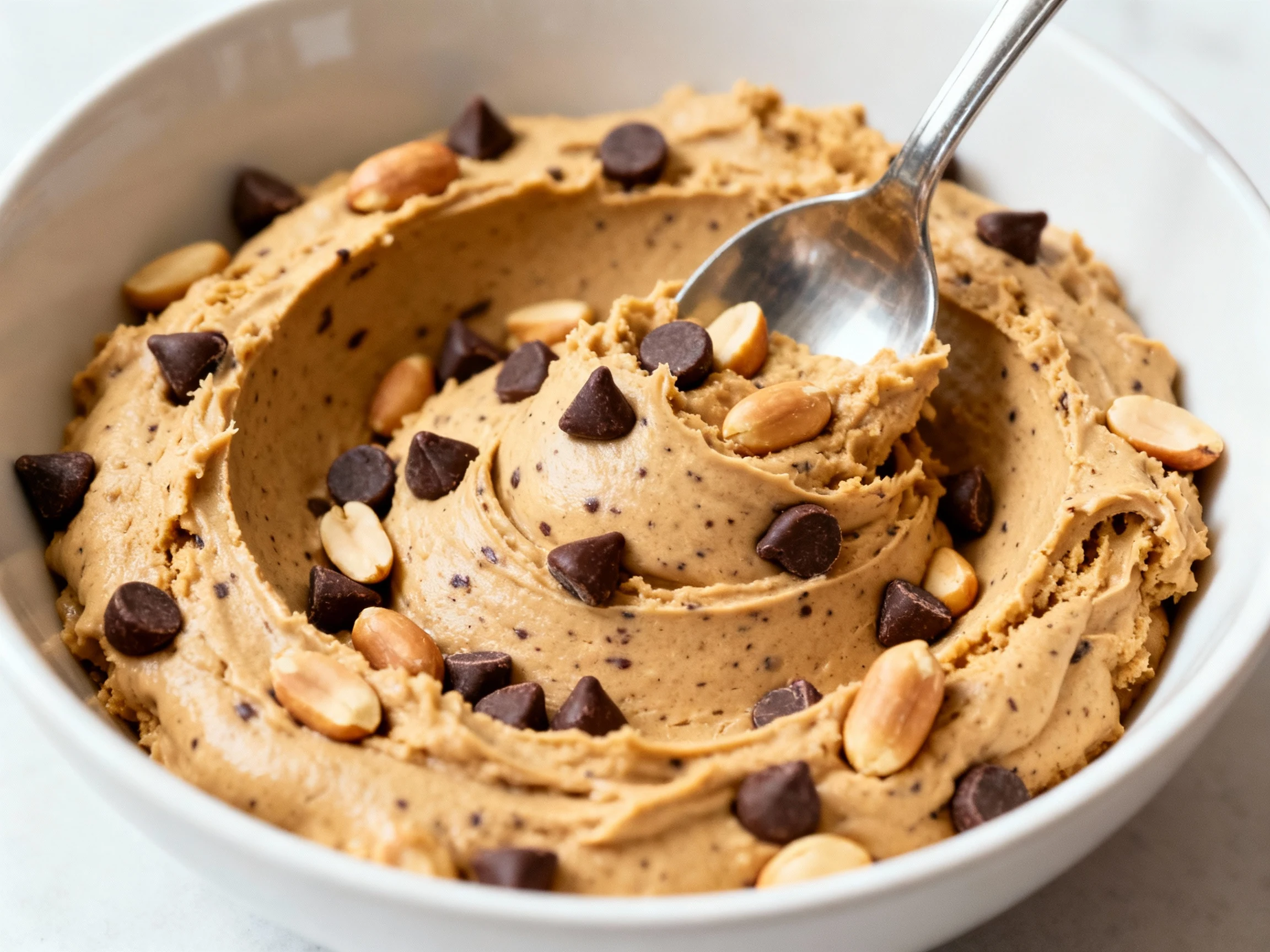 Food photography, Cooking process: thick PB2 cookie dough being folded with mini chocolate chips and peanuts in a bowl u