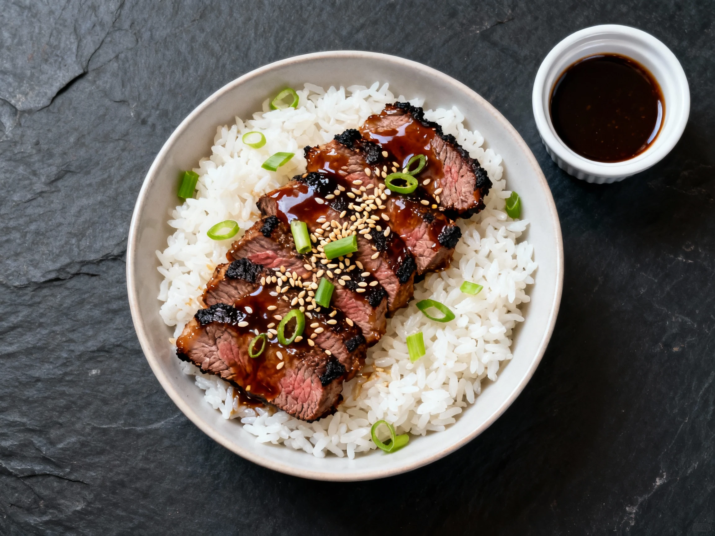 Food photography, Overhead top view: glossy teriyaki top sirloin slices with charred edges over steamed white rice, brus