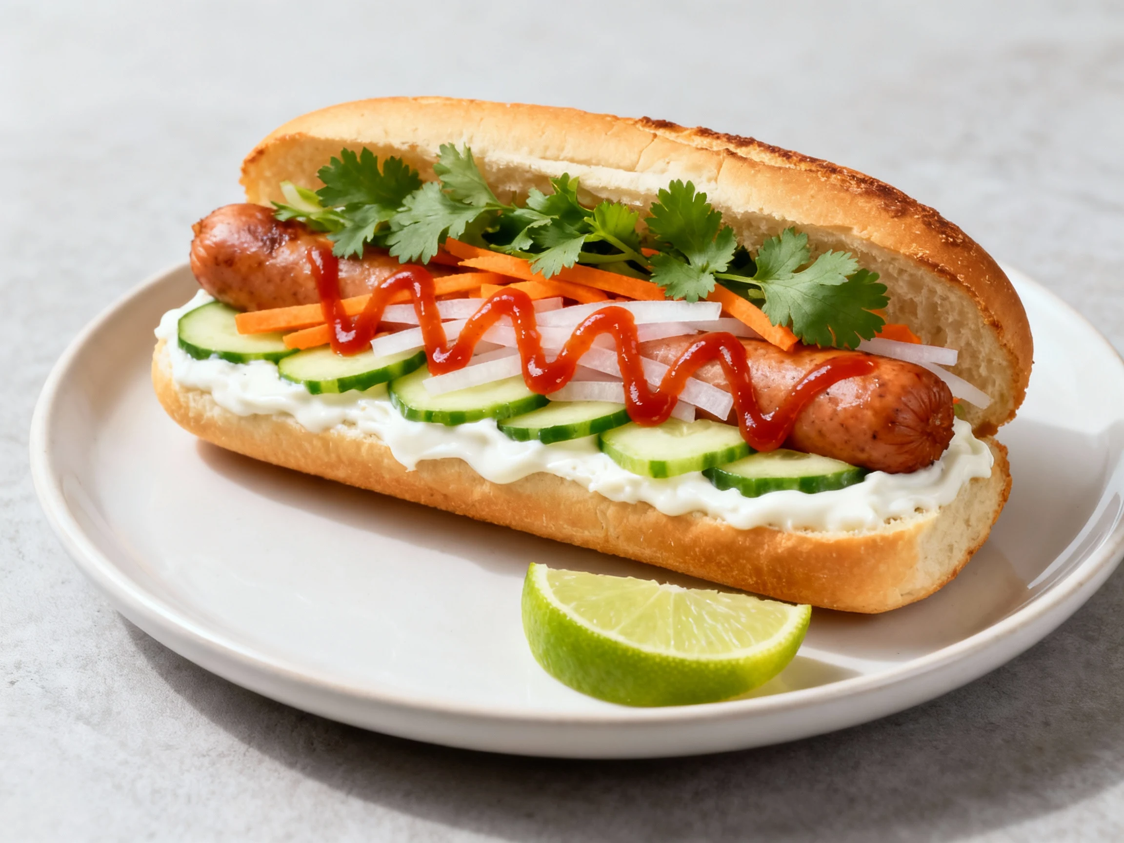 Food photography, Beautifully plated Banh Mi-style hot dog, three-quarter angle: mayo base, cucumber, pickled carrot + d