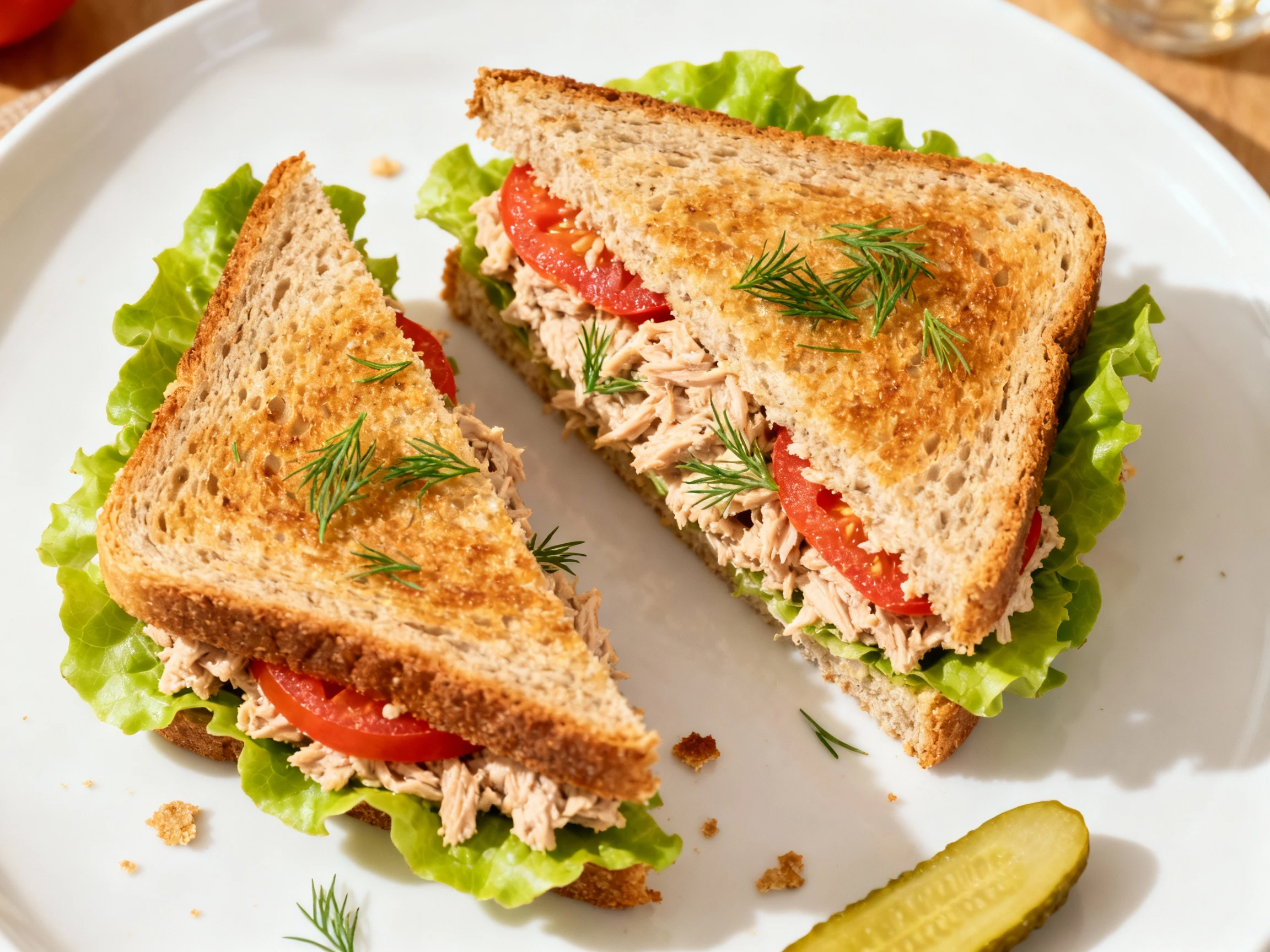 Food photography, 3. Overhead shot of a classic tuna salad sandwich cut diagonally on toasted rye: lettuce barrier on bo