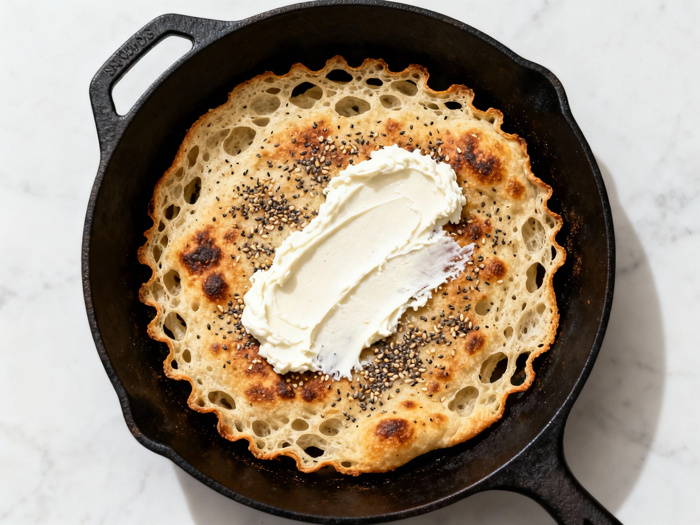 Food photography, Overhead shot of lacy sourdough skillet flatbread (thinned batter) speckled with everything bagel seas