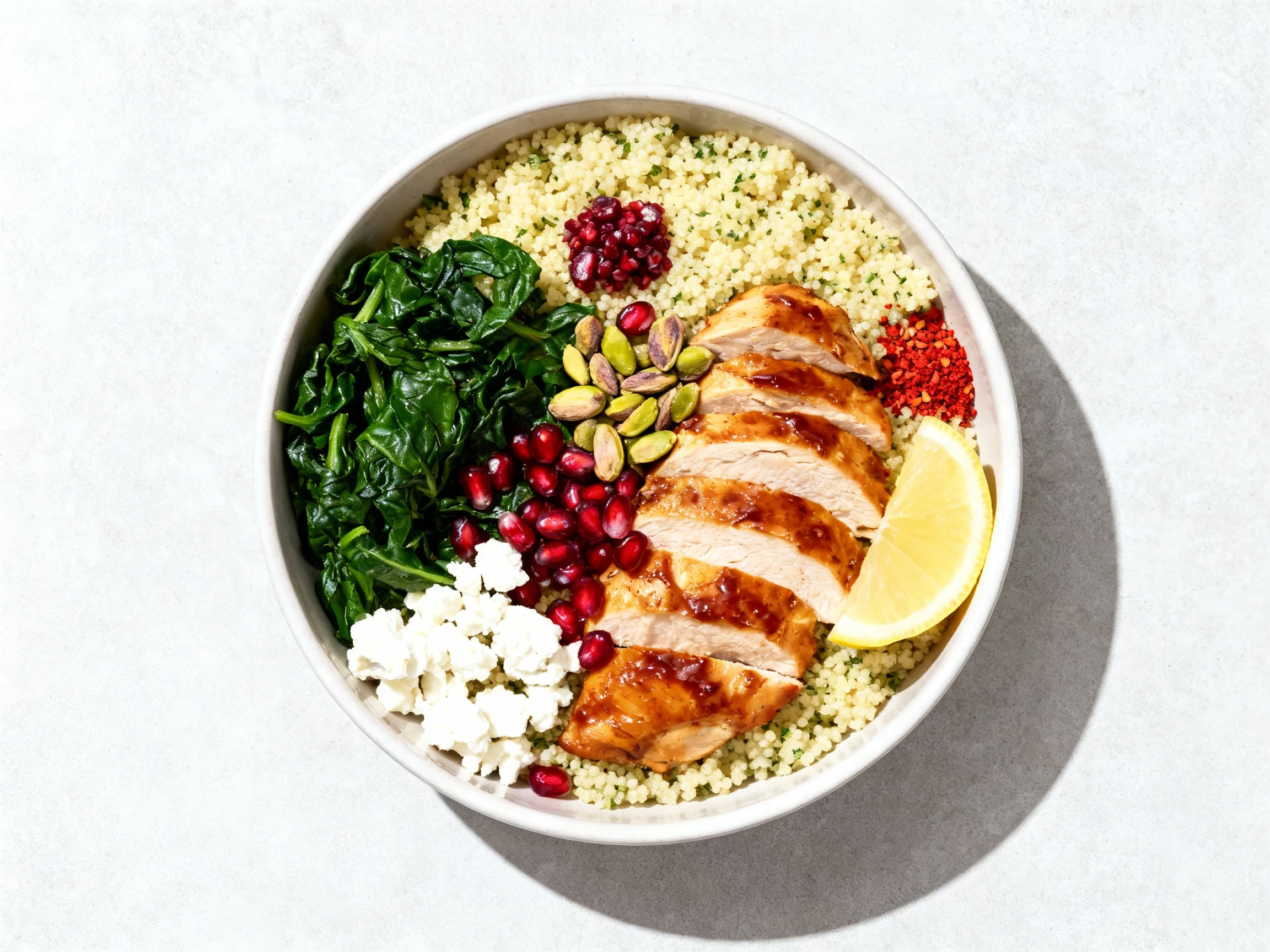 Food photography, Overhead bowl assembly: fluffy herbed couscous, sliced glazed chicken, just-wilted greens, small mound
