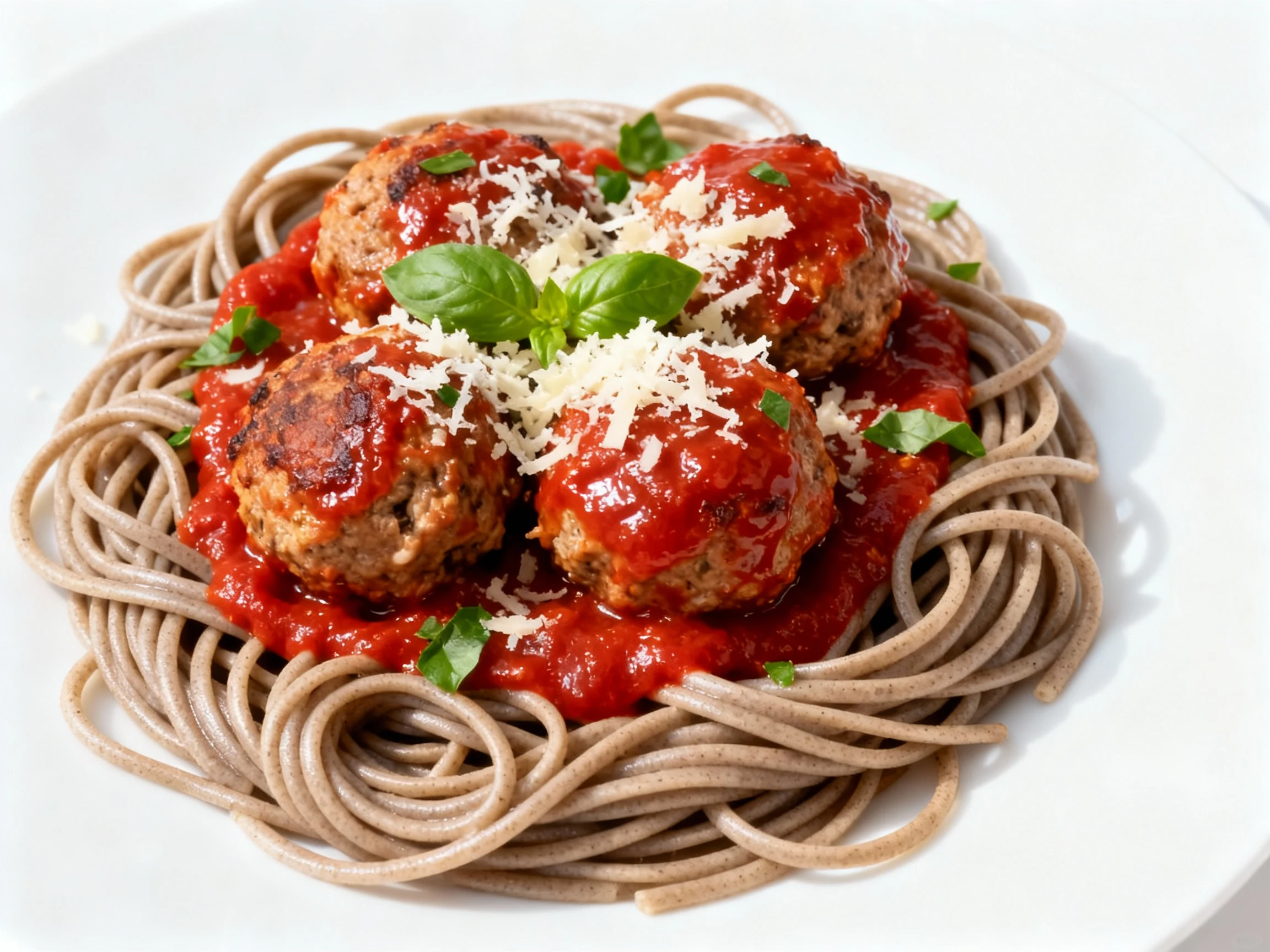 Food photography, Tasty top view: Turkey meatball marinara over whole-wheat spaghetti—ruby sauce, parmesan sprinkle, cho