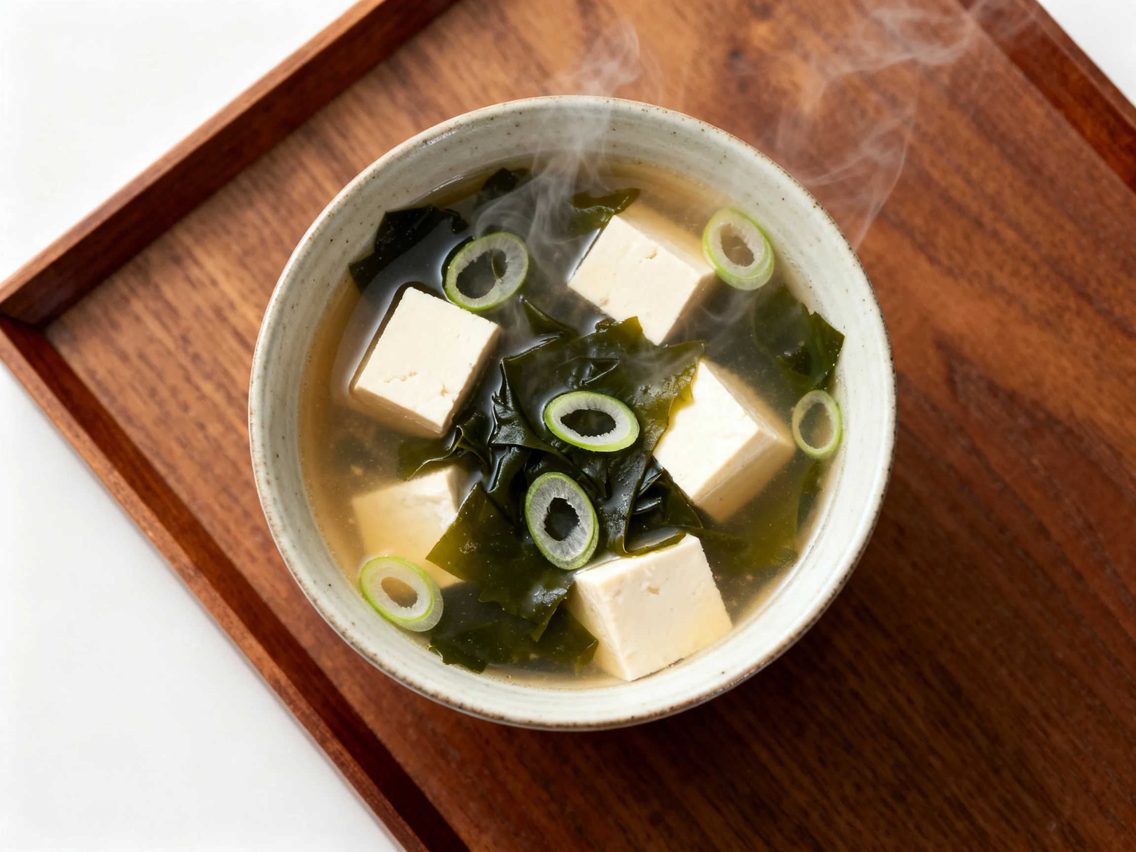 Food photography, 3. Tasty top view: Overhead shot of miso soup showing clear dashi broth, silky tofu cubes, tender waka
