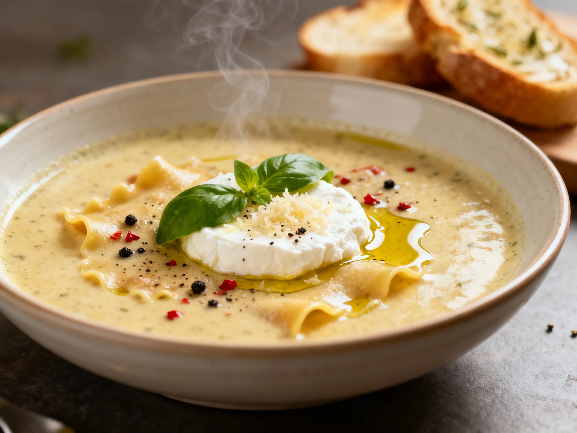 Food photography, 3. Beautifully plated creamy lasagna soup in a wide, shallow ceramic bowl with a melting ricotta–mozza