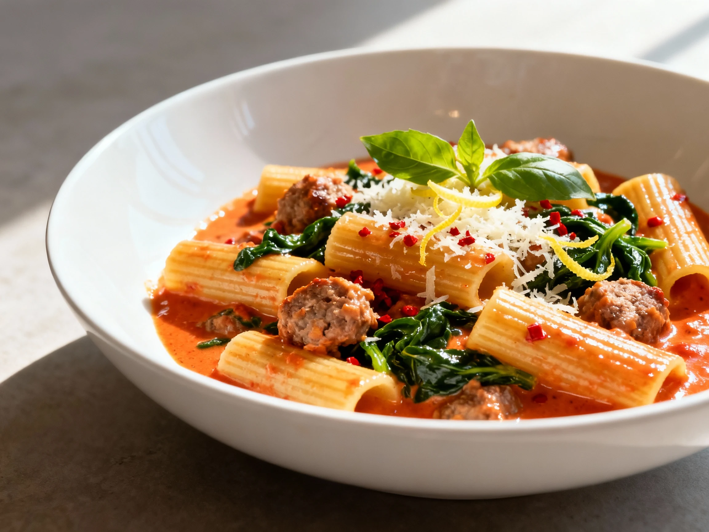 Food photography, Beautifully plated Creamy Tuscan Sausage Pasta: rigatoni in a silky tomato-cream sauce with sausage an