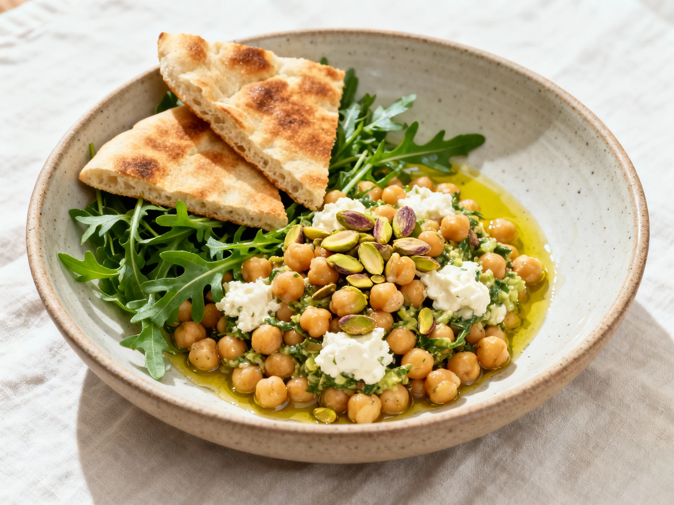 Food photography, 3. Final dish: Beautifully plated Mediterranean chickpea salad as a main—over arugula with warm pita w