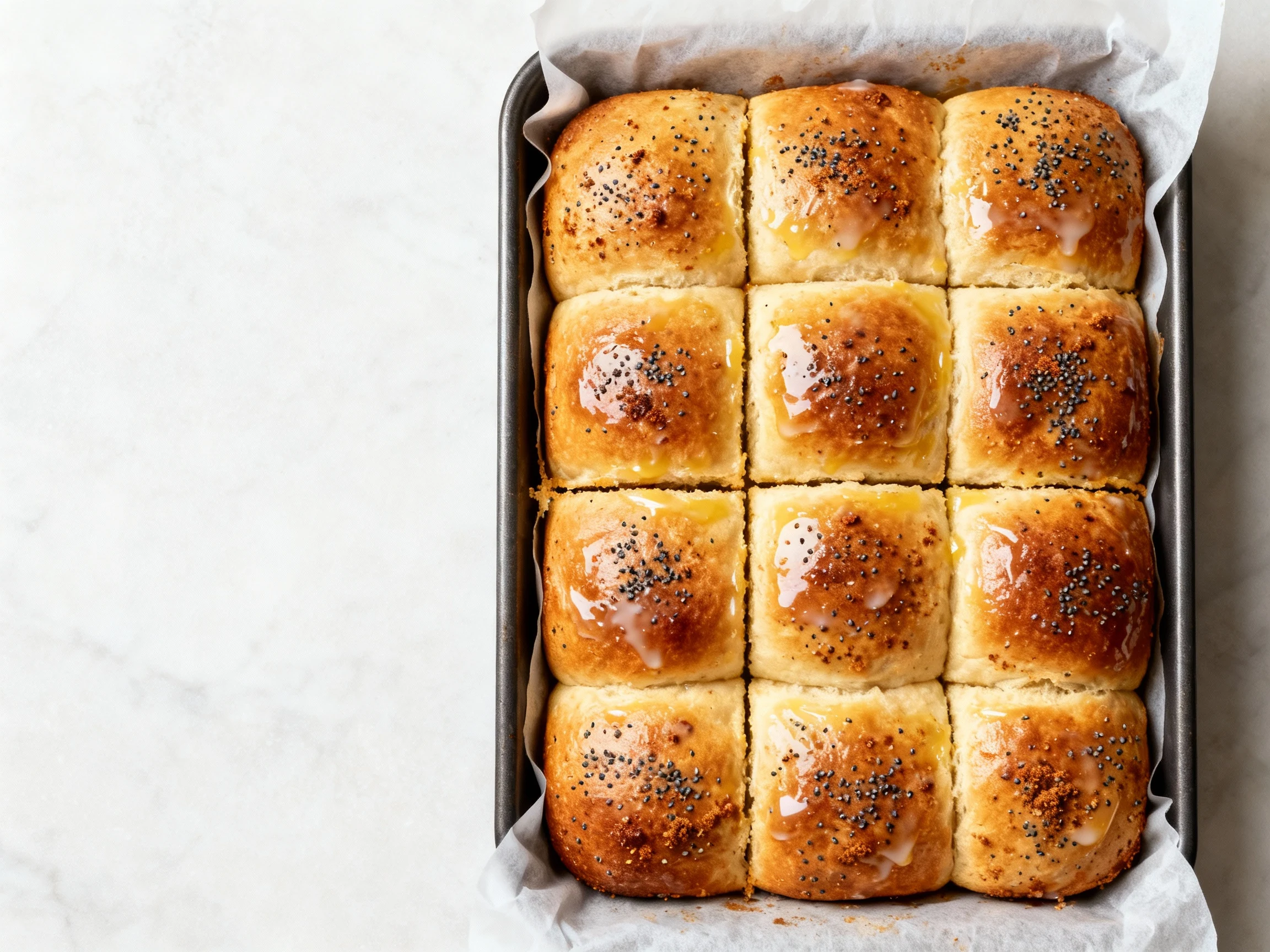 Food photography, Overhead of the full 12-count tray just out of the oven—evenly browned, slightly crisp tops, butter gl