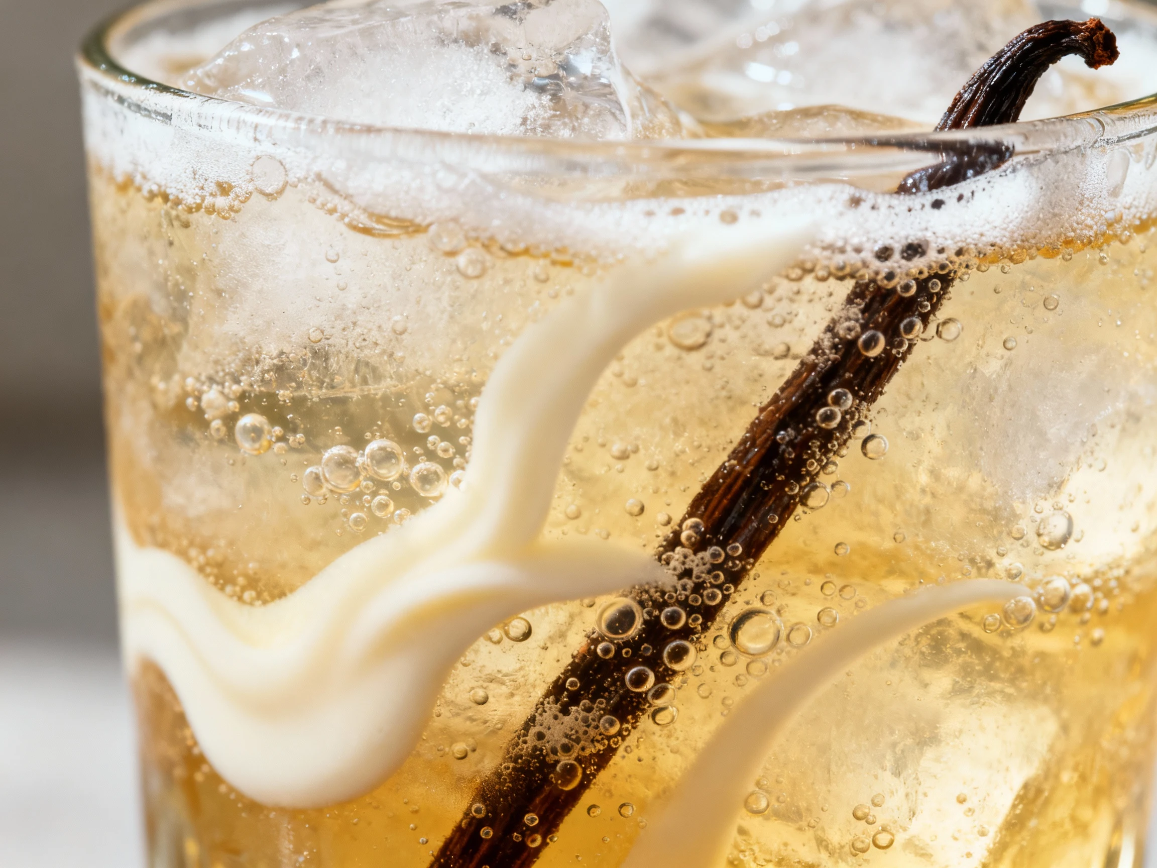 Food photography, Close-up detail: Vanilla Bean Cream Soda with visible vanilla bean specks and a gentle cream float rib