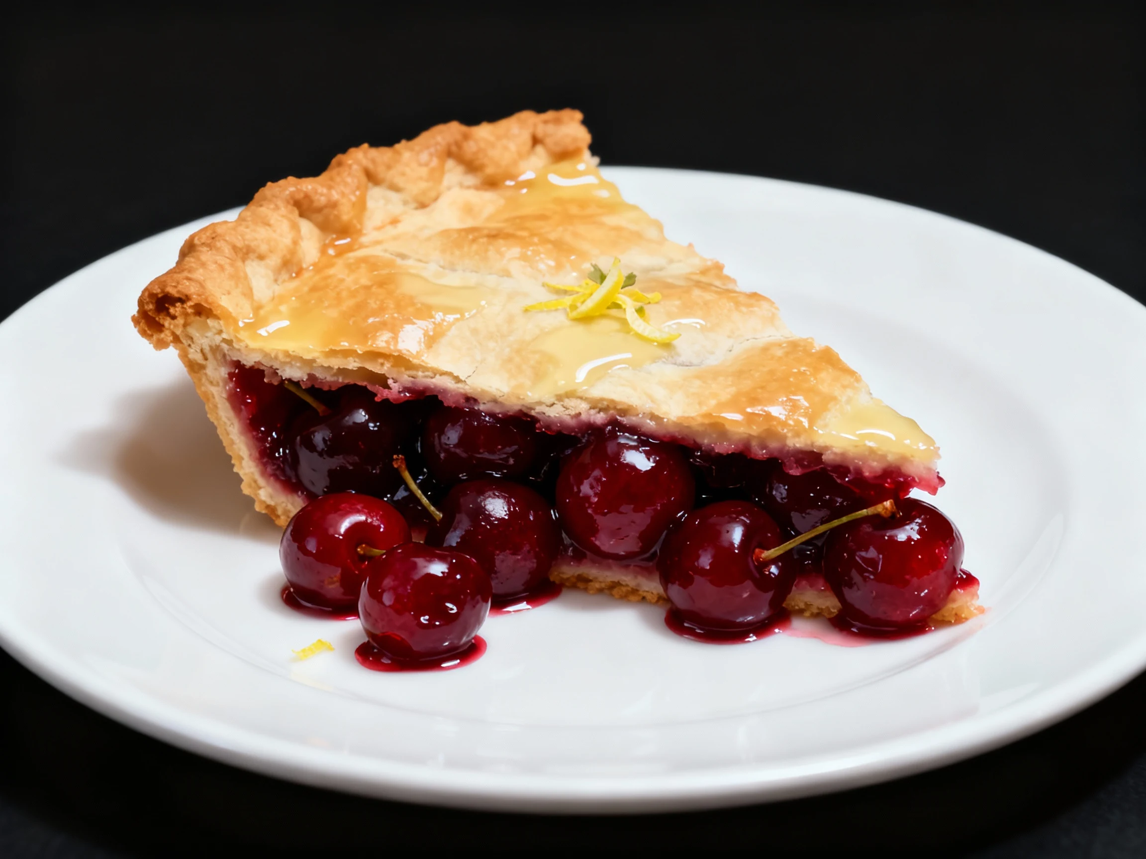 Food photography, Beautifully plated wedge of cherry pie on a white plate: glossy set cherry layers holding shape, flaky