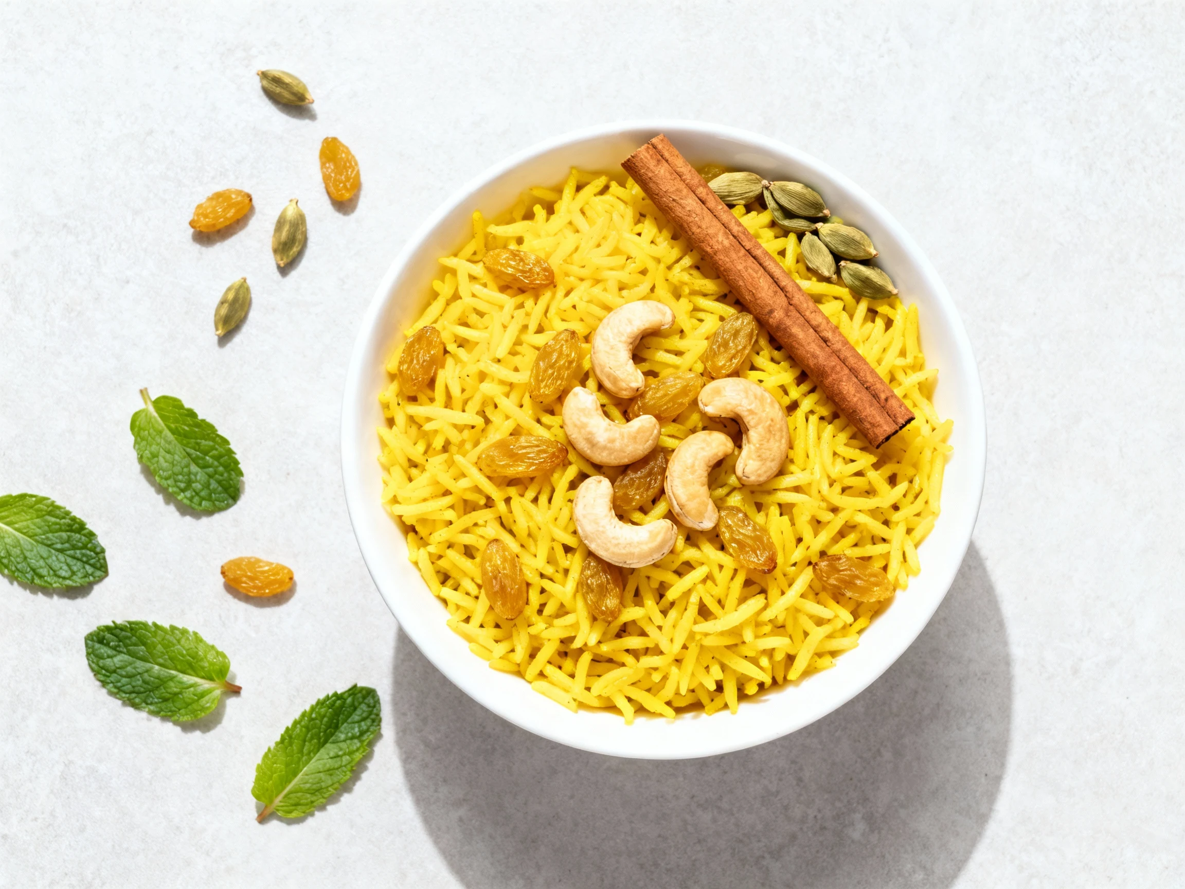 Food photography, Overhead shot of Golden Turmeric Basmati pilaf; vivid saffron-yellow rice dotted with golden raisins a