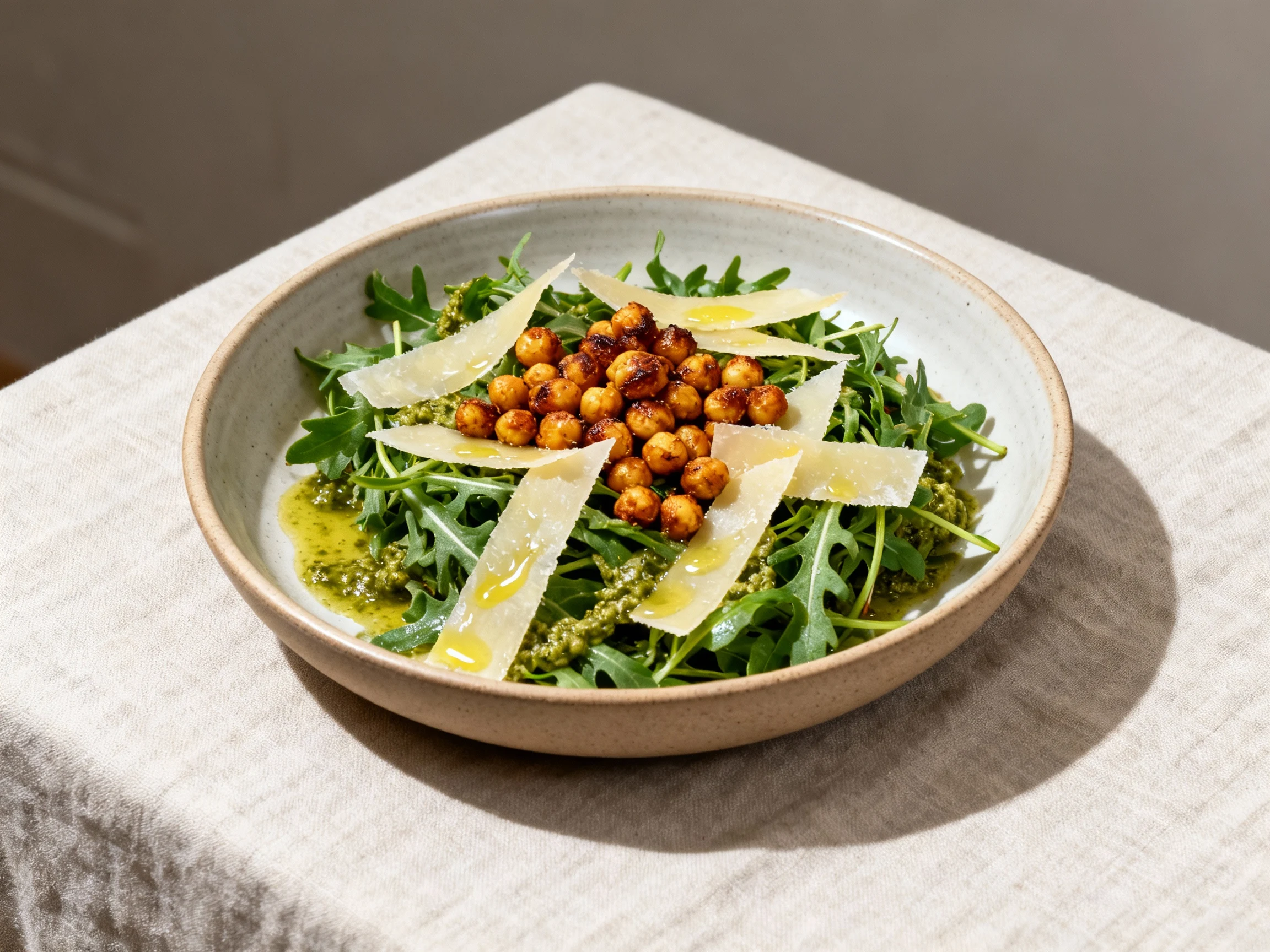 Food photography, Final dish presentation: Arugula power salad tossed with thinned pesto, topped with hot crispy roasted