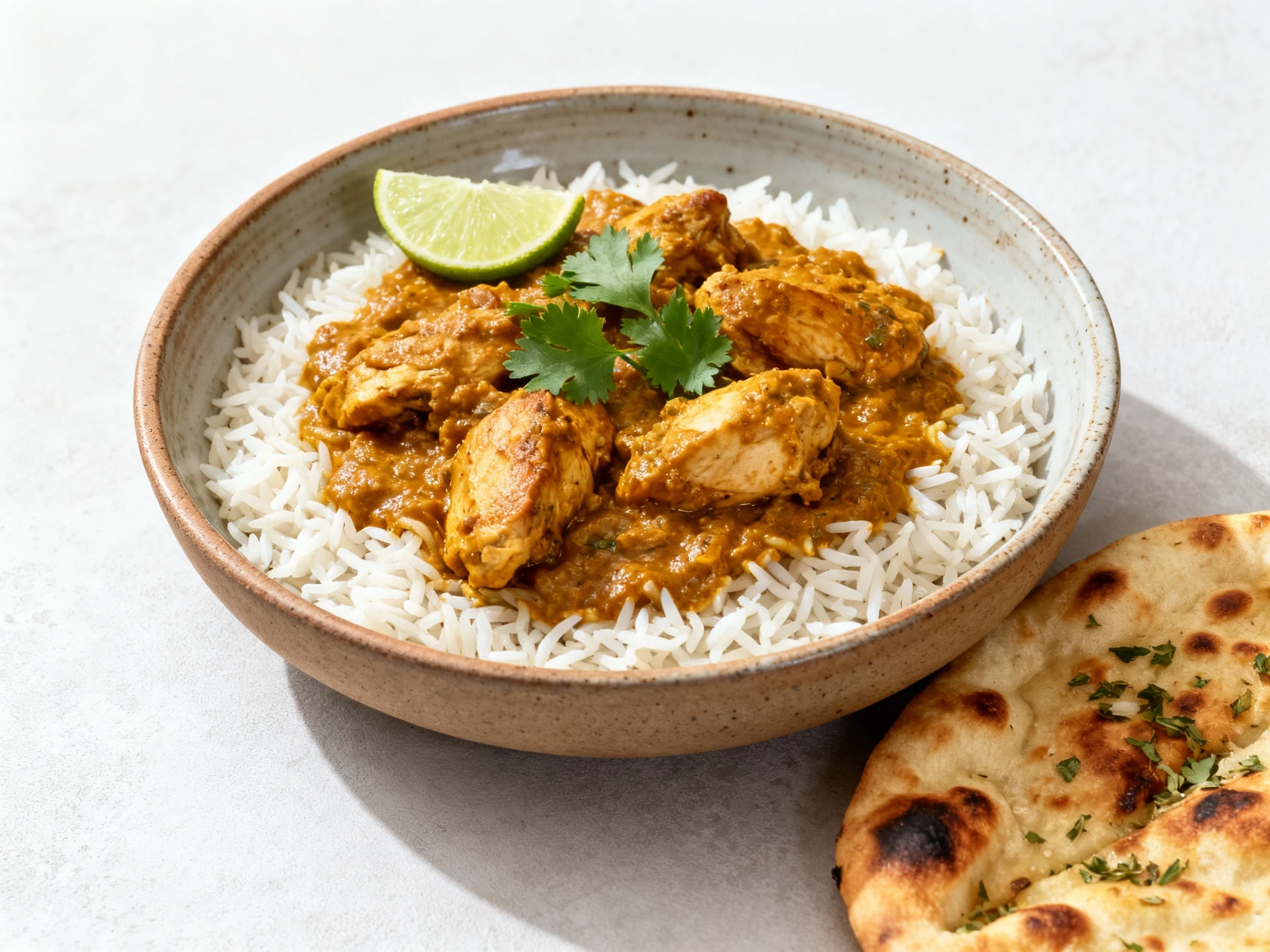 Food photography, Beautifully plated curry chicken over basmati rice in a rustic ceramic bowl, sauce hugging grains, lim