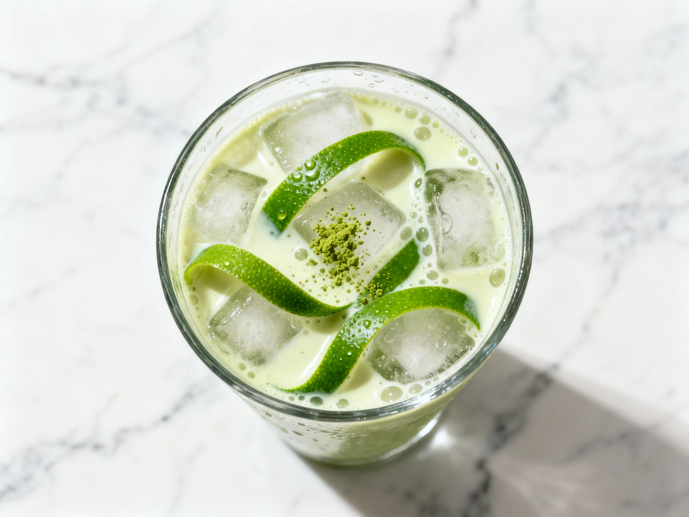 Food photography, 3. Overhead shot of Iced Matcha Latte in a tall clear glass—ice-packed oat milk with vivid green match