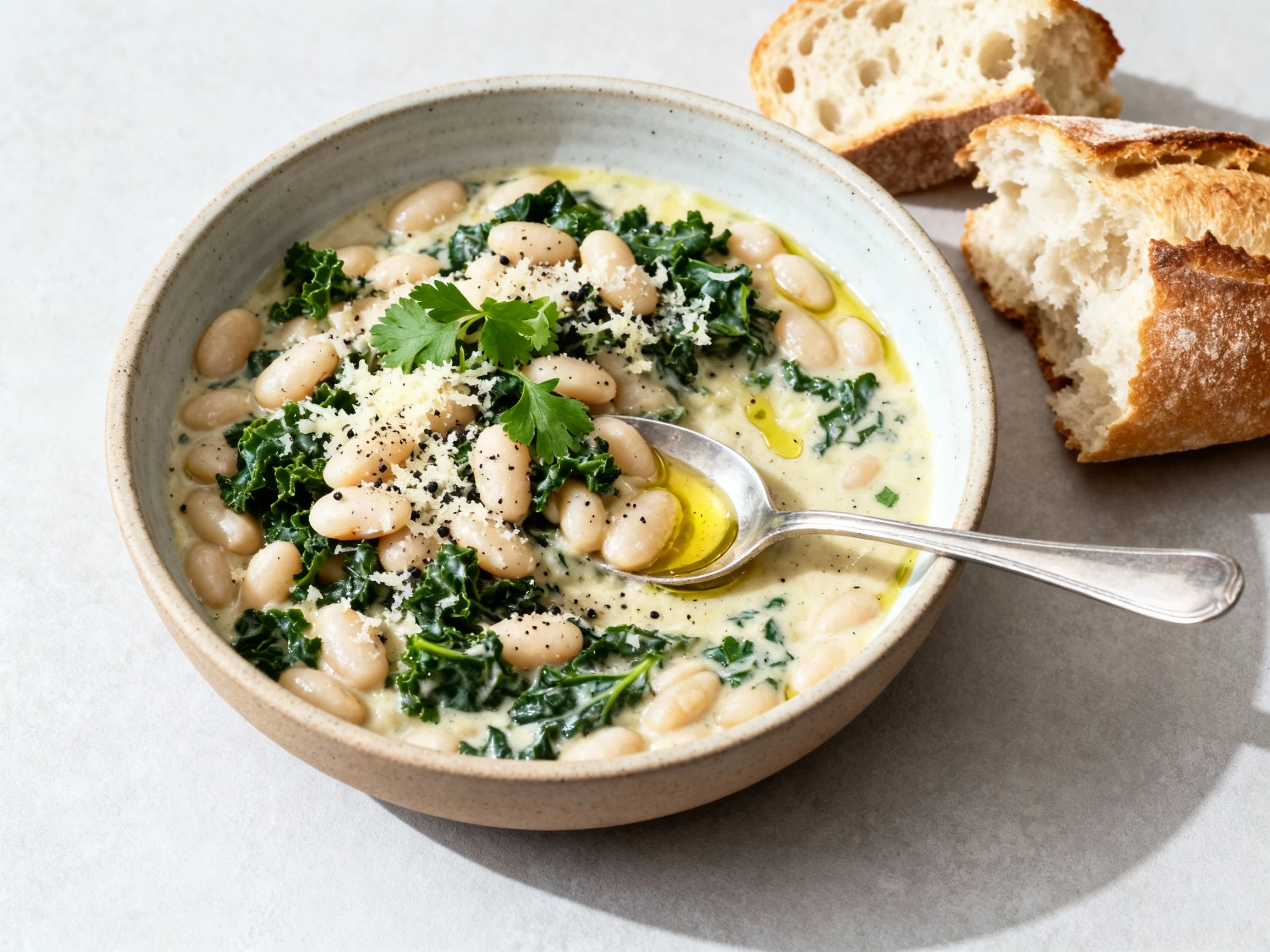 Food photography, Final dish presentation: creamy lemon-parmesan white beans with tender kale spooned into a ceramic bow