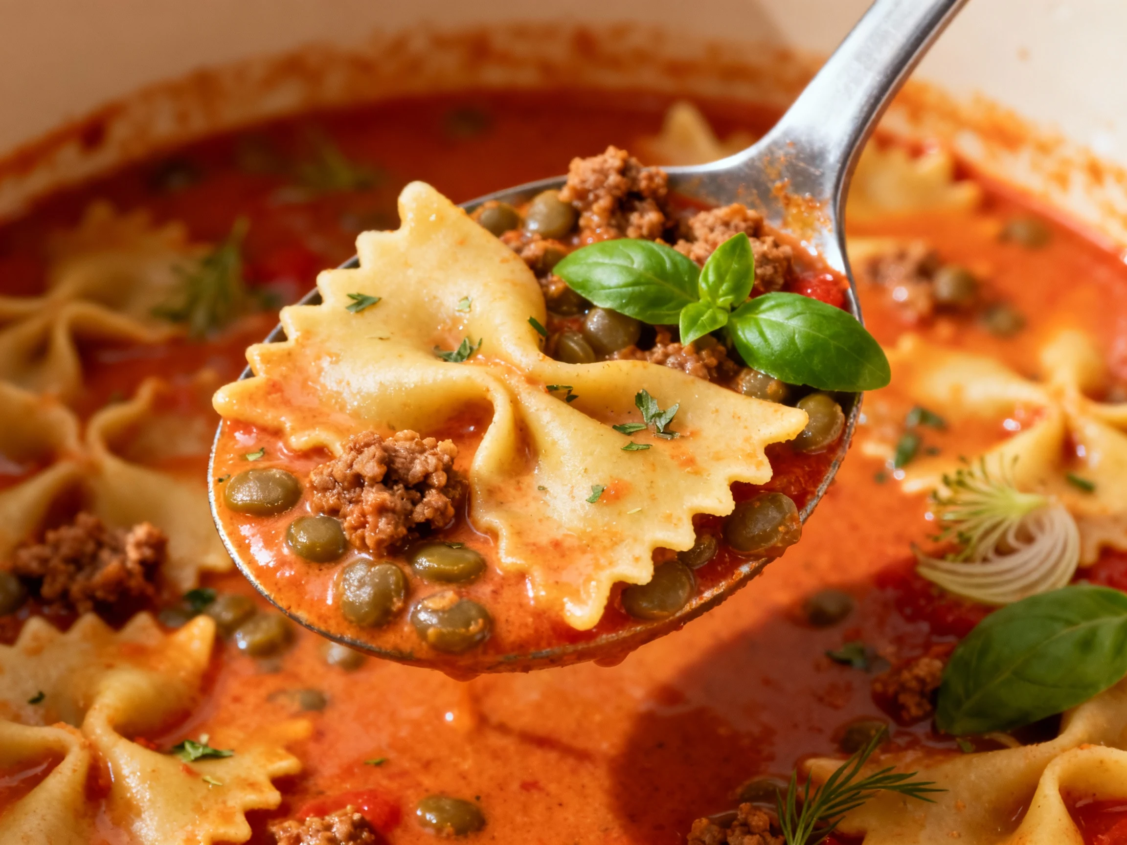 Food photography, Close-up detail: a ladle lifting the finished vegan lasagna soup, showcasing al dente ruffled noodle e