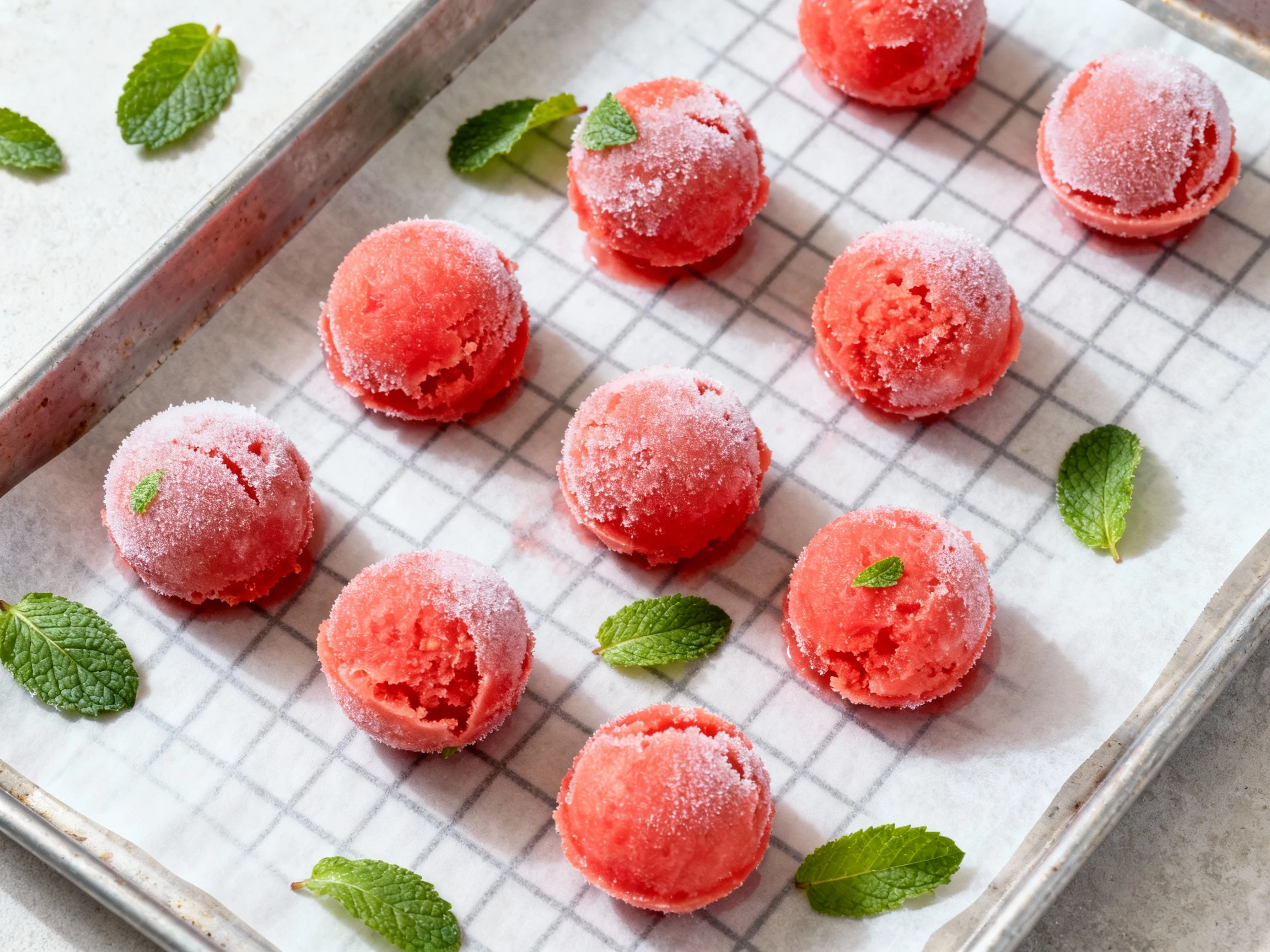 Food photography, Overhead shot of pre-scooped watermelon-mint sorbet balls on a parchment-lined tray; frosty sheen, sca