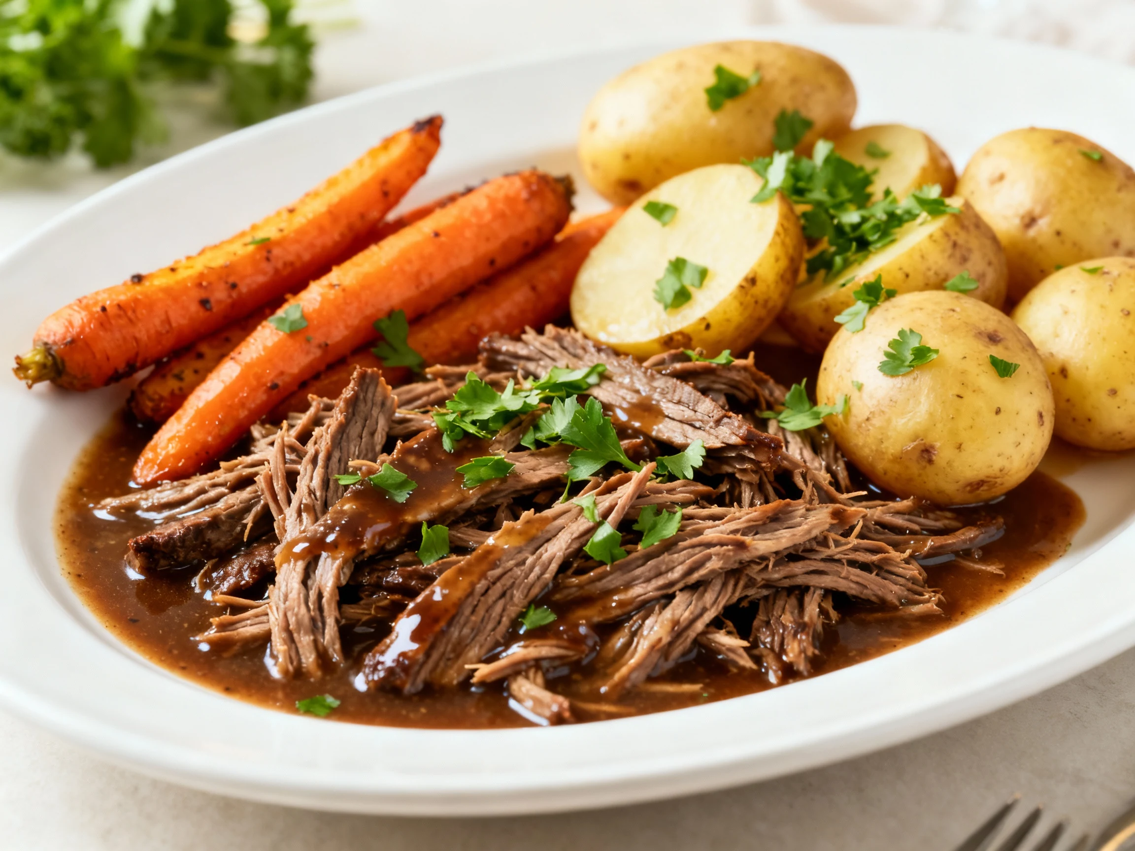 Food photography, Beautifully plated pot roast: slices or shreds of fork-tender beef soaked in balsamic-finished, butter