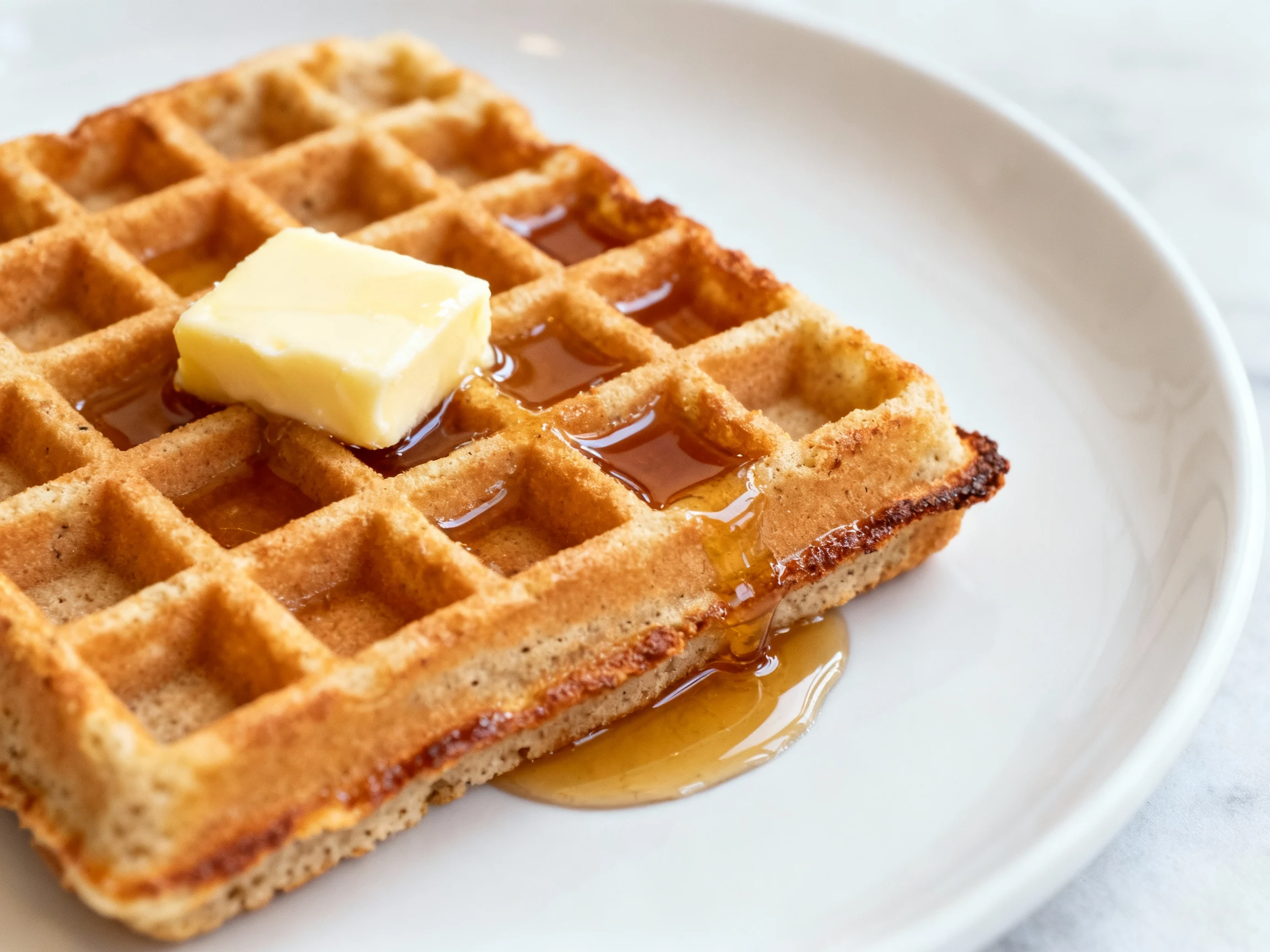 Food photography, Close-up of a coconut flour waffle on a white plate, deep golden grid with ultra-crisp edges from extr