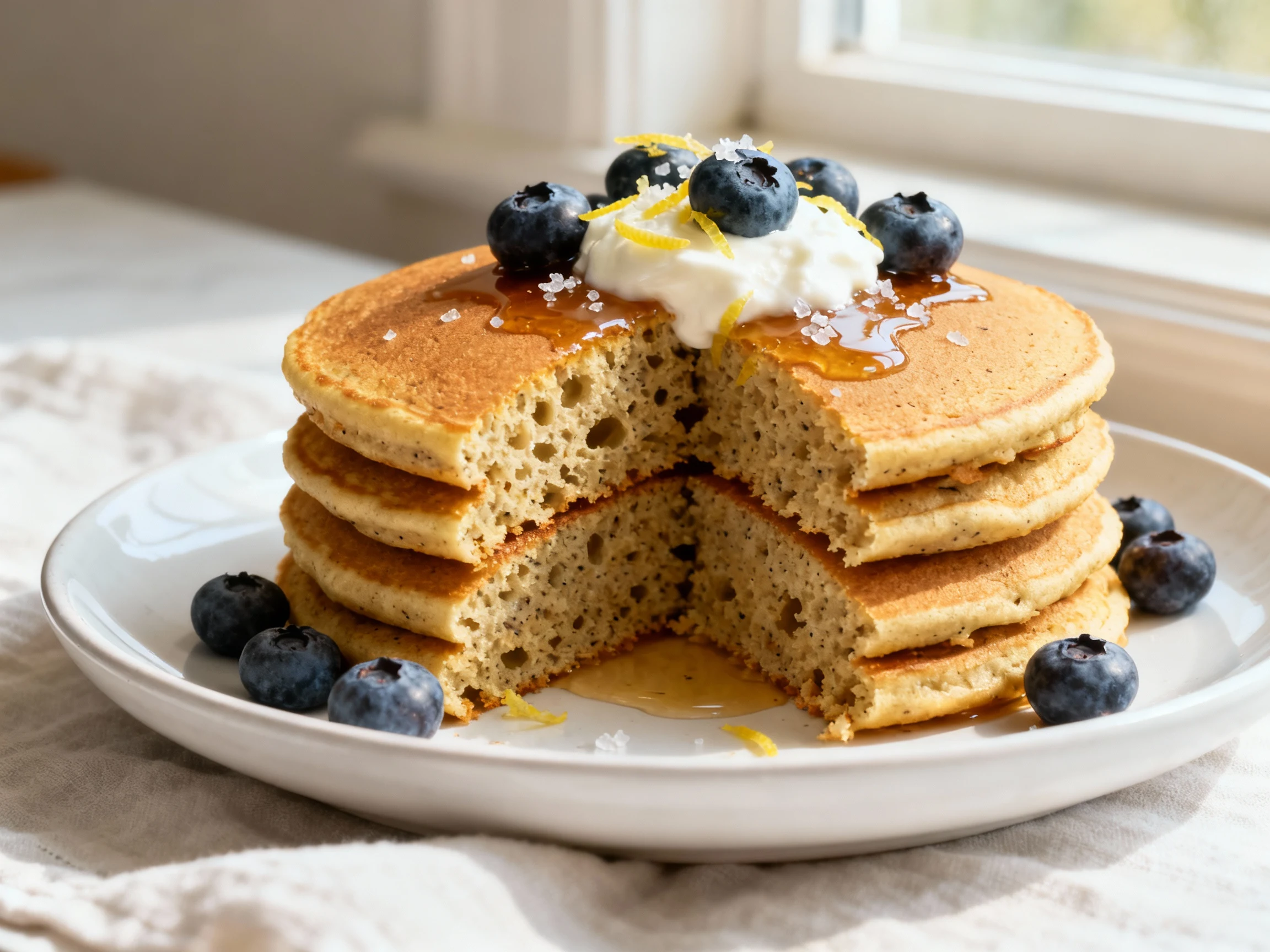 Food photography, 3. Beautifully plated fluffy flax pancakes (golden flax), stacked high with fresh blueberries, lemon z