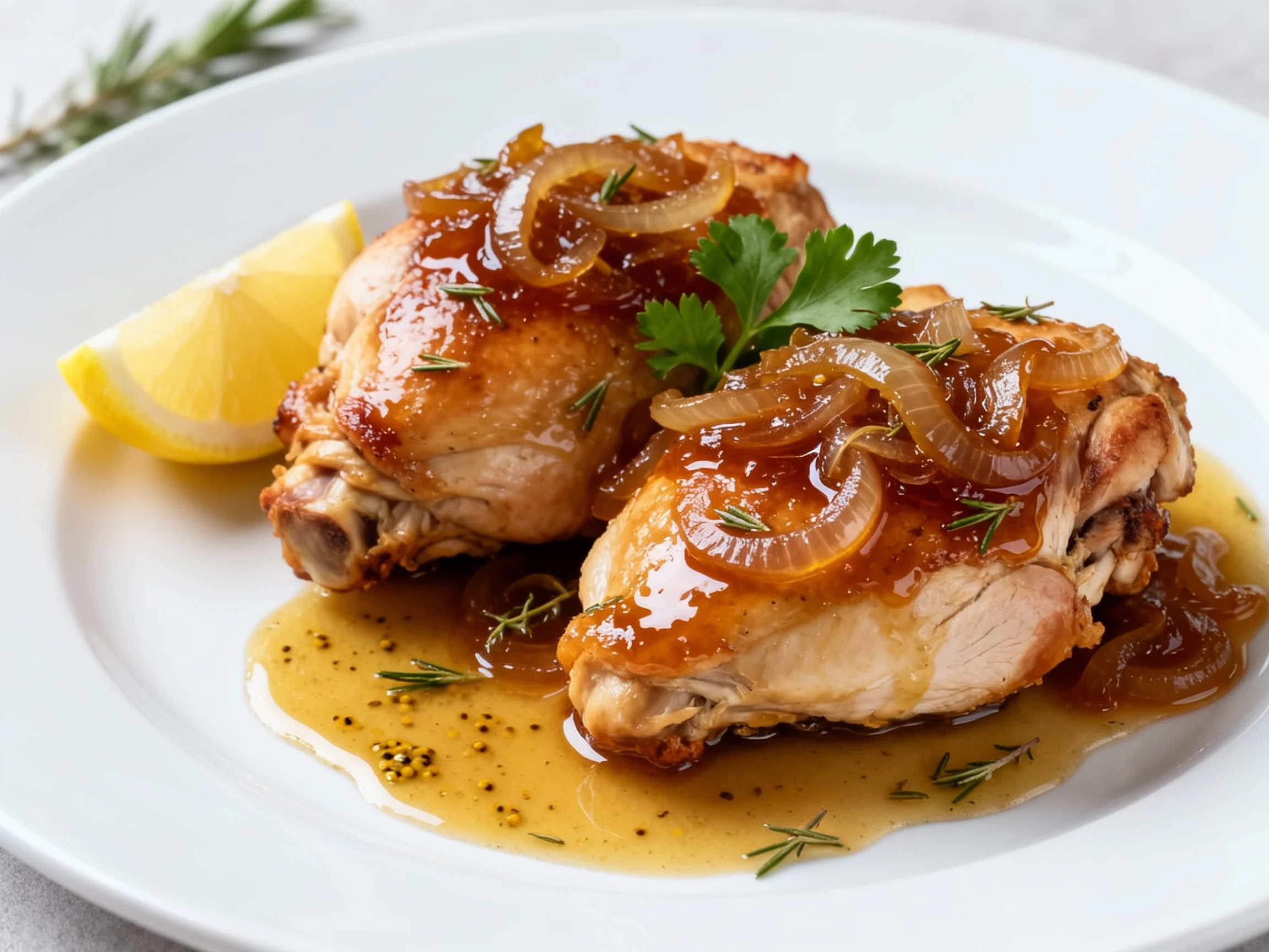 Food photography, Beautifully plated juicy chicken thighs smothered in saucy caramelized onions and glossy quick onion j