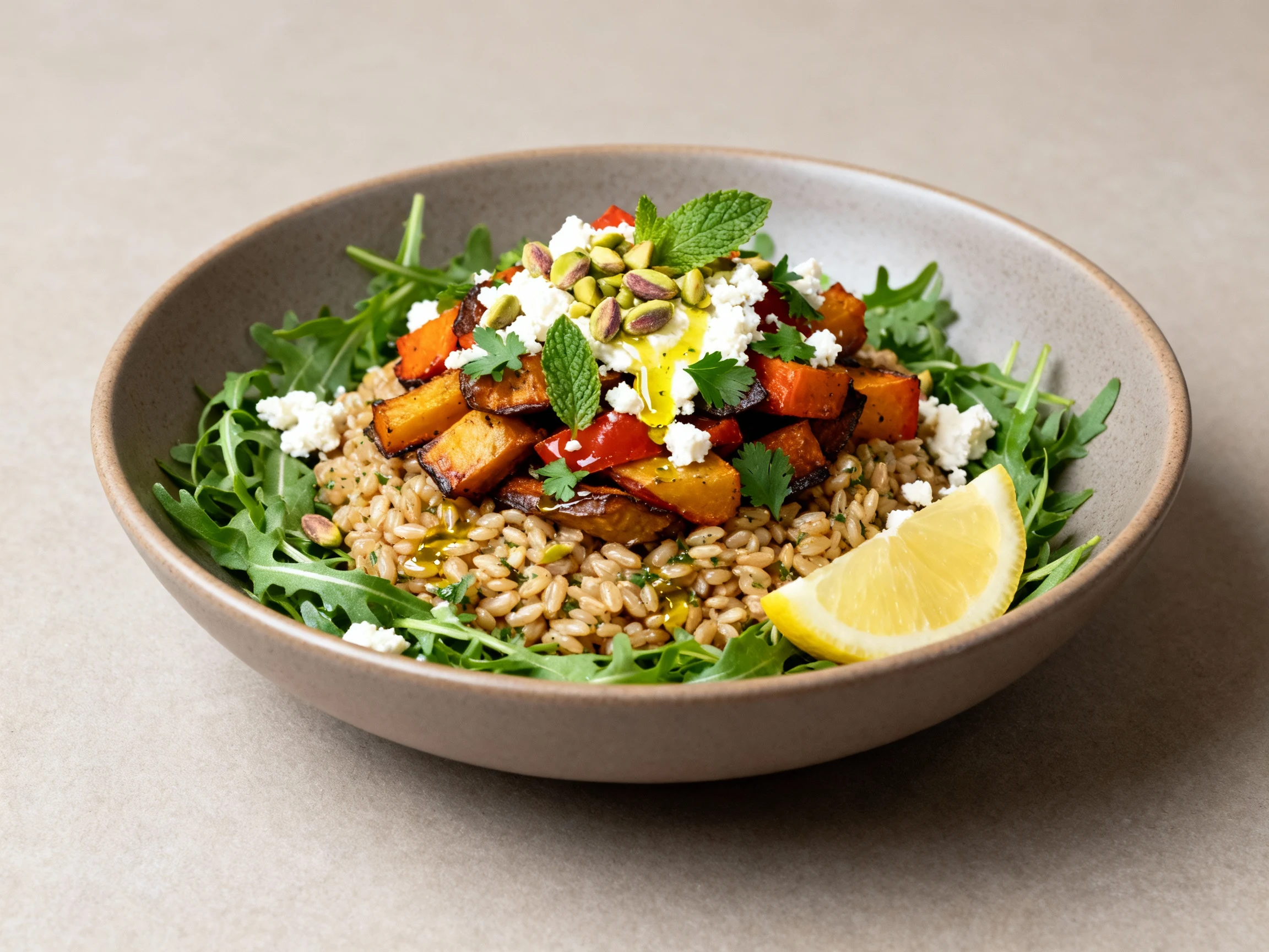 Food photography, 45-degree hero shot of the final farro bowl: arugula base, dressed farro, roasted veggies piled on top