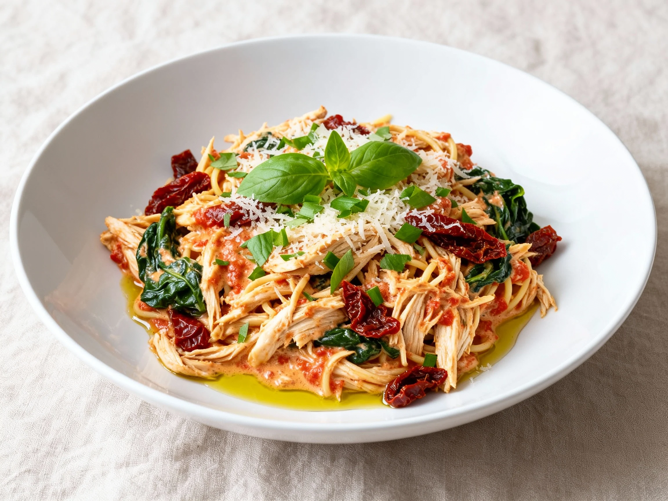 Food photography, 3. Final dish presentation: Tuscan Chicken crockpot pasta in a wide white bowl—shredded chicken in sil