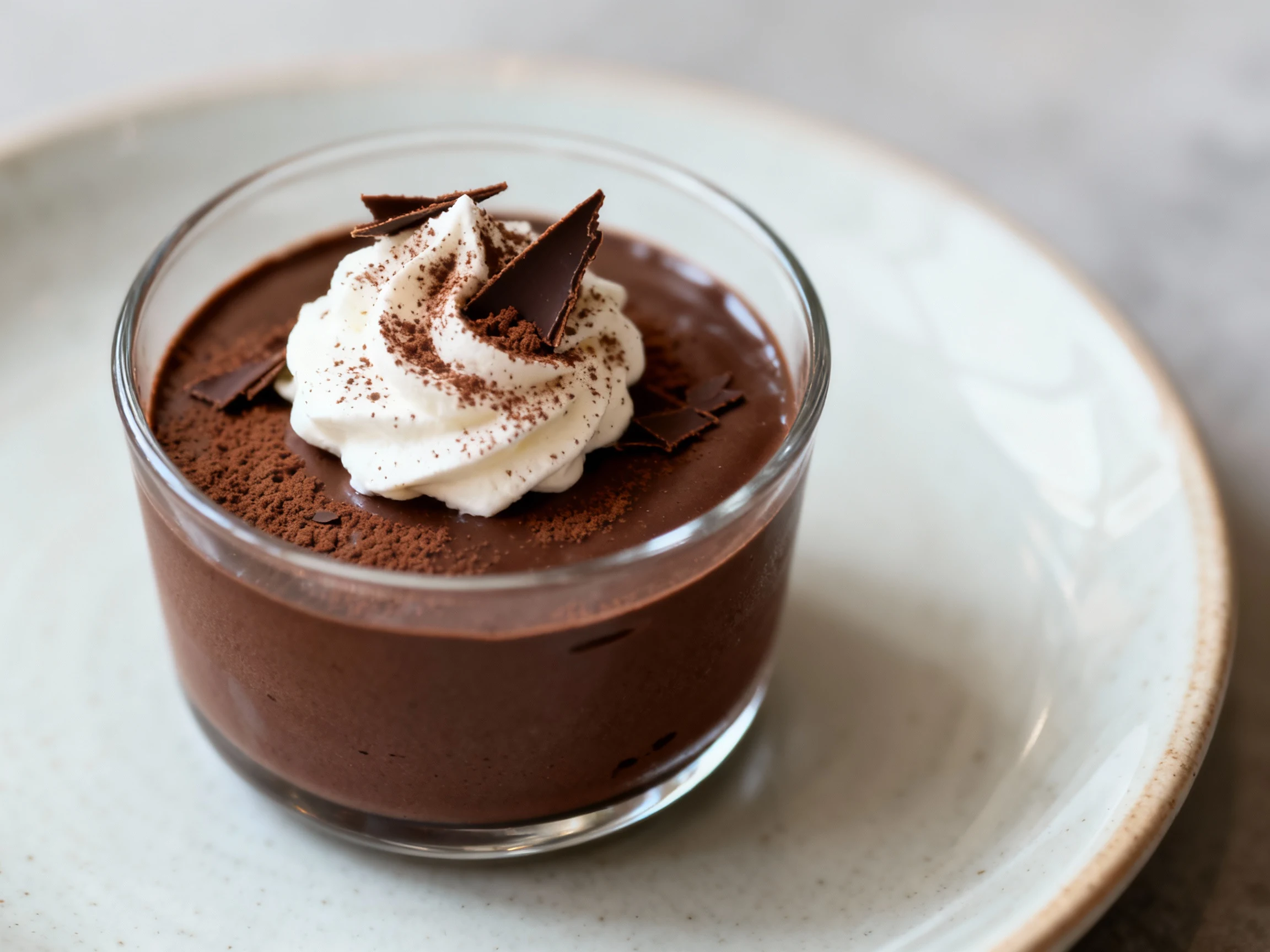 Food photography, 3. Beautifully plated silky dark chocolate mousse in a small glass, topped with a dollop of whipped cr