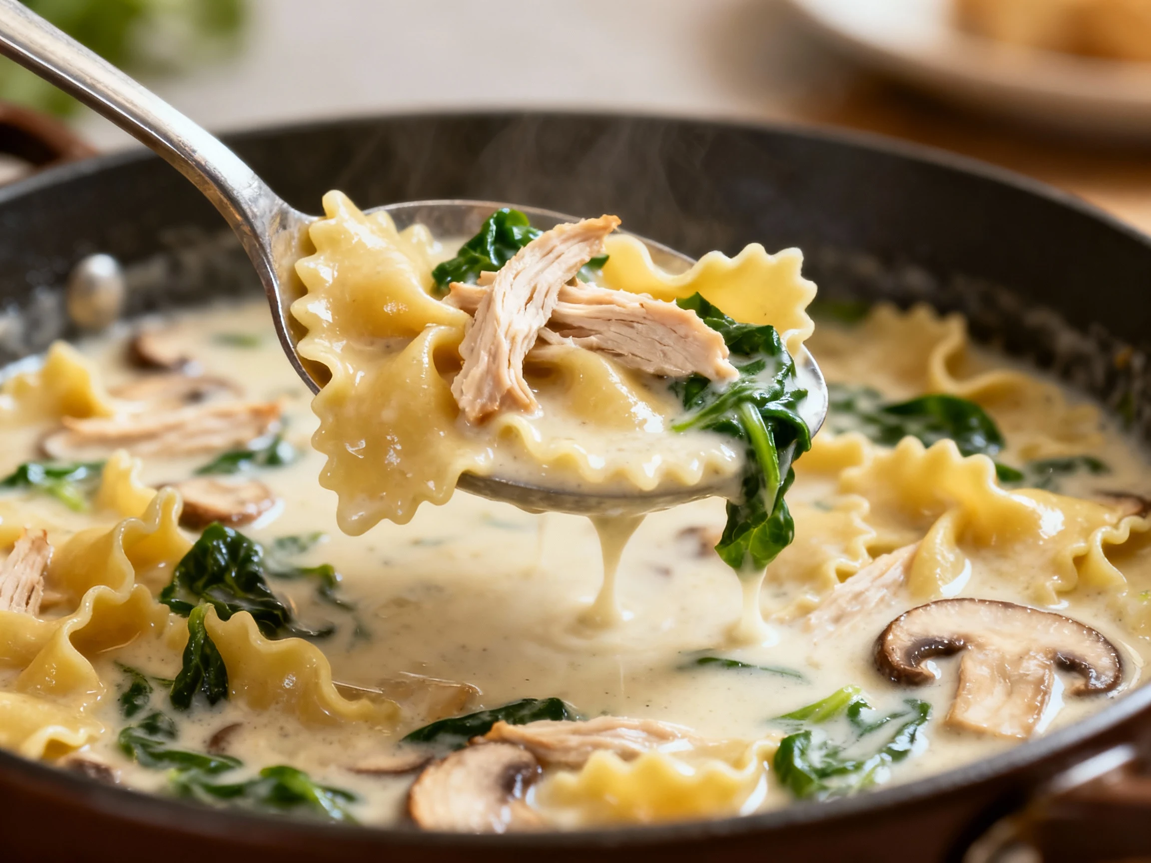 Food photography, Close-up detail: a ladle lifting creamy Alfredo lasagna soup, glossy sauce clinging to ruffled noodles