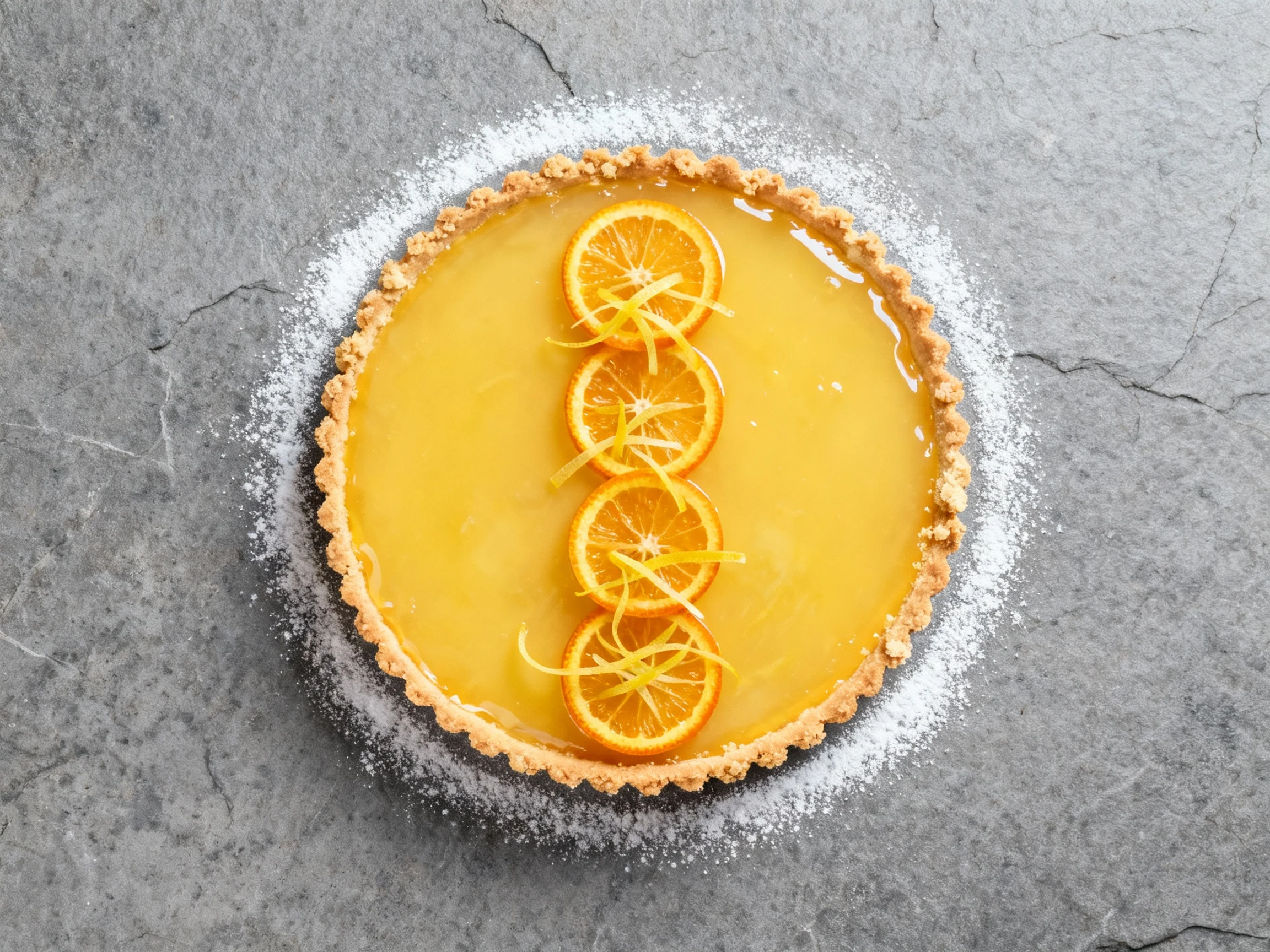 Food photography, Overhead shot of sweet orange–lemon tart; glassy citrus curd topped with thin candied orange wheels an