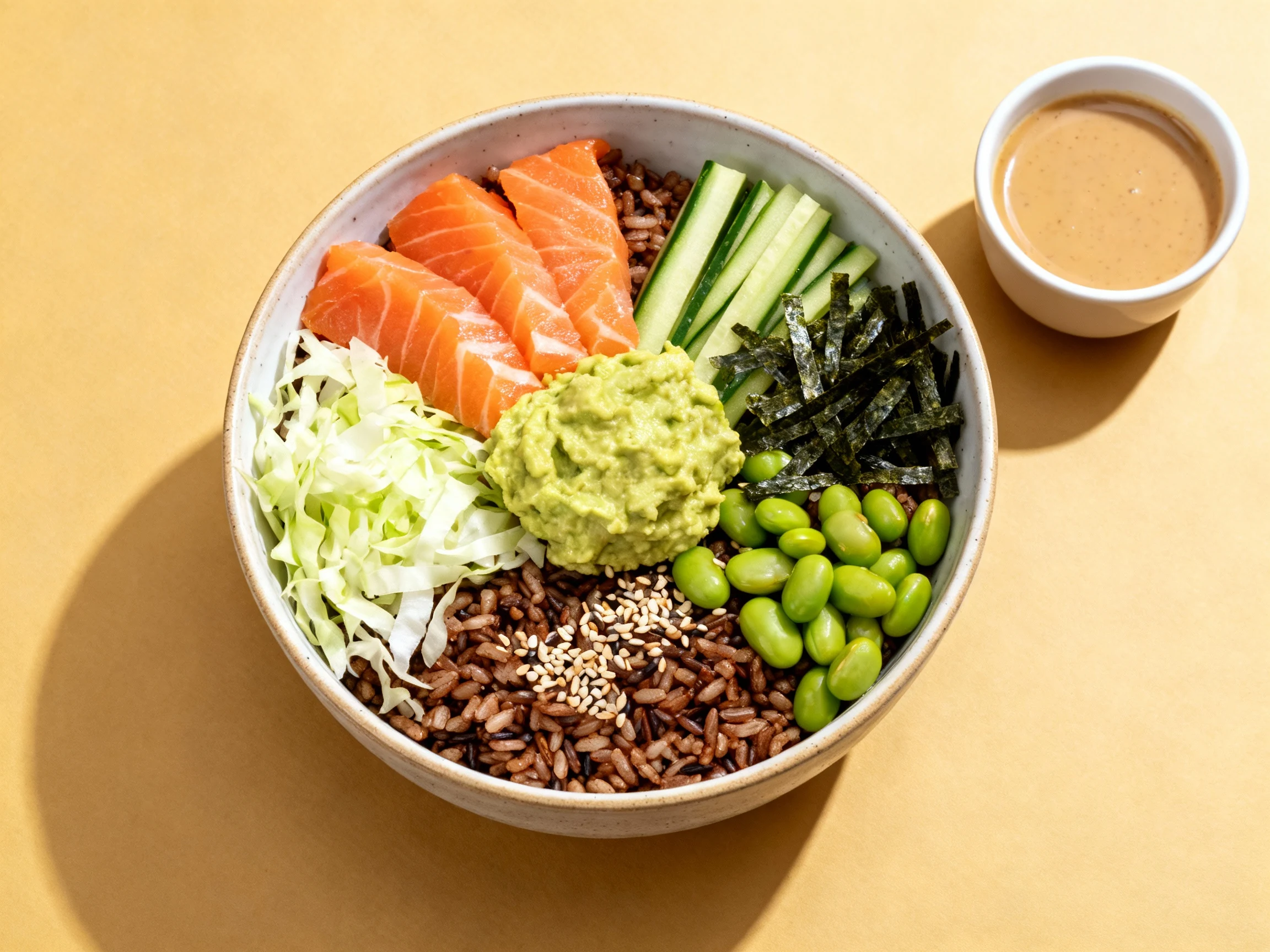 Food photography, 3. Final dish: beautifully plated Sushi Bowl Vibes—brown rice, smoked salmon, avocado mash, shredded c