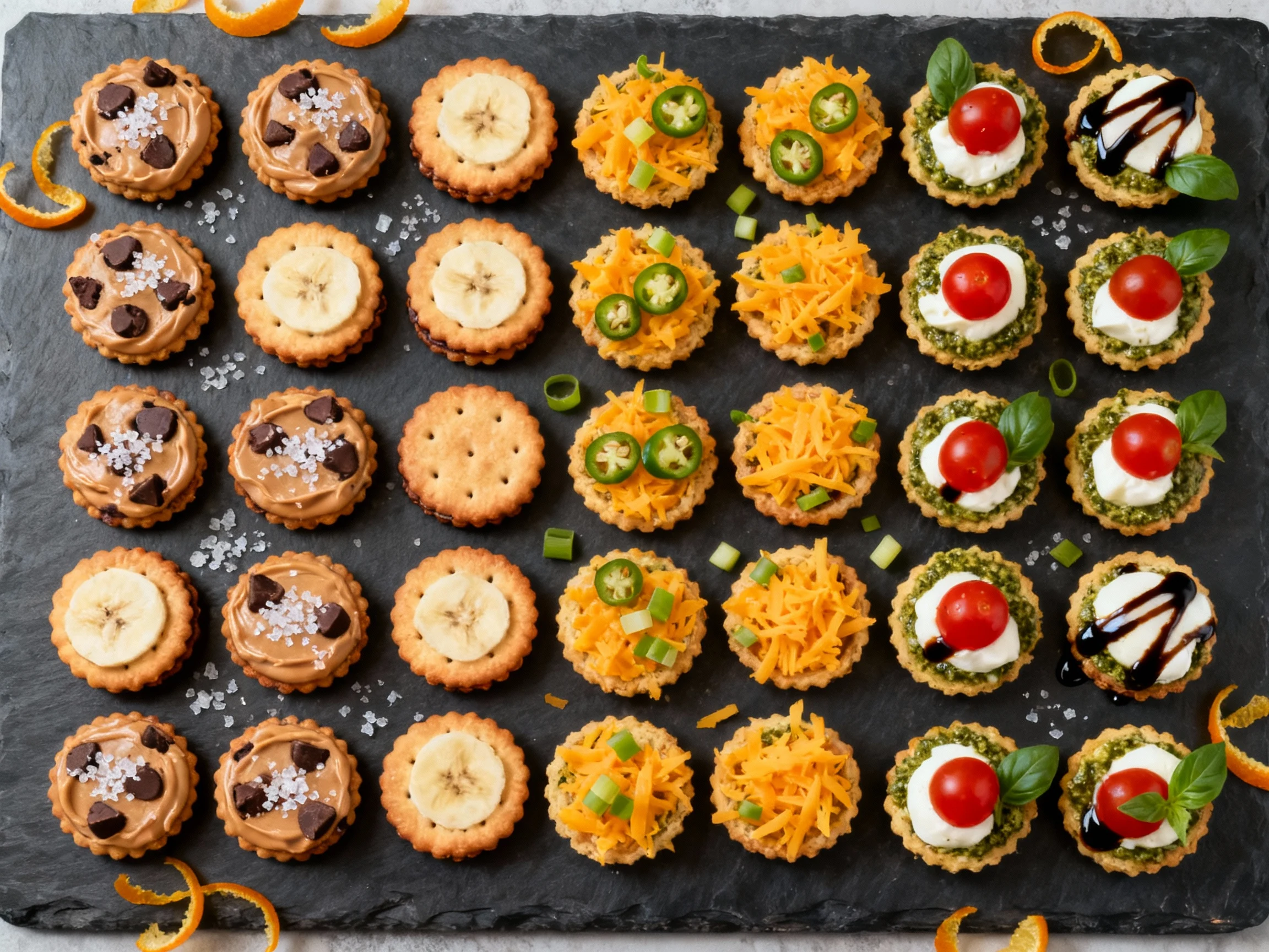 Food photography, Overhead shot of a party platter grouped by flavor: peanut butter–banana–dark chocolate chip Ritz bite