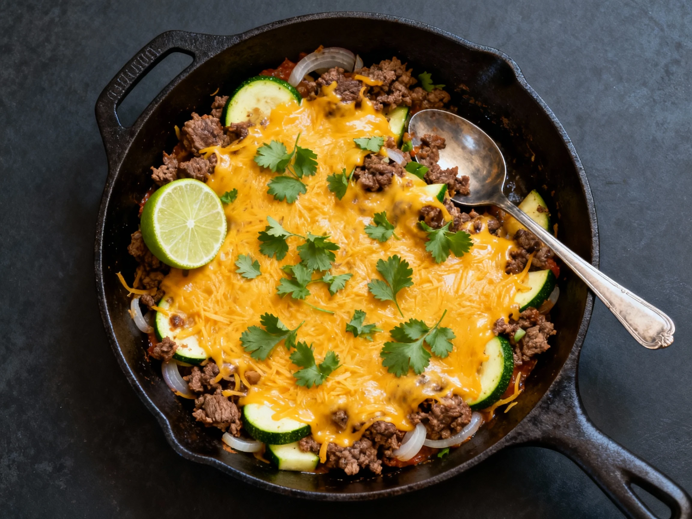 Food photography, Overhead shot of the finished cheesy beef skillet: melted cheddar blanket, chopped cilantro and a sque