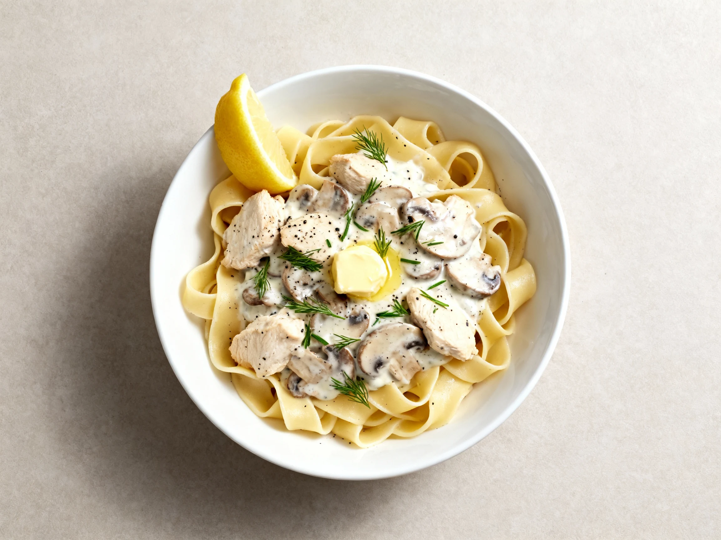 Food photography, 3. Overhead shot of wide egg noodles topped with creamy sour-cream chicken and mushrooms, sprinkled wi