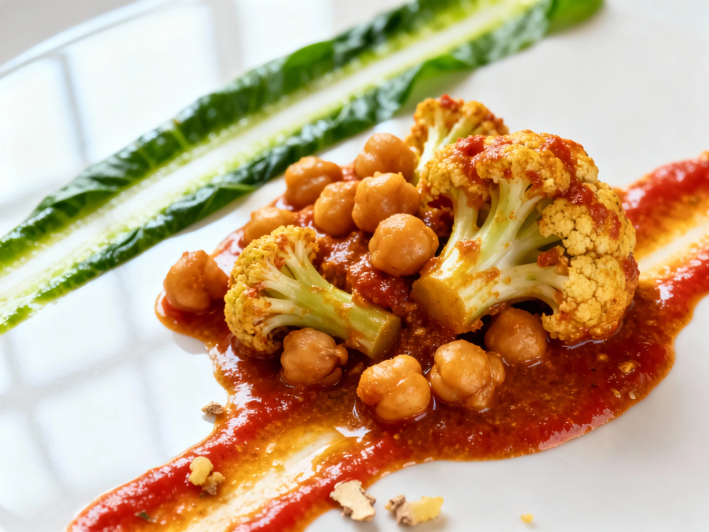Food photography, Close-up macro of chickpeas and cauliflower lacquered in velvety red-gold curry, ginger specks and tom