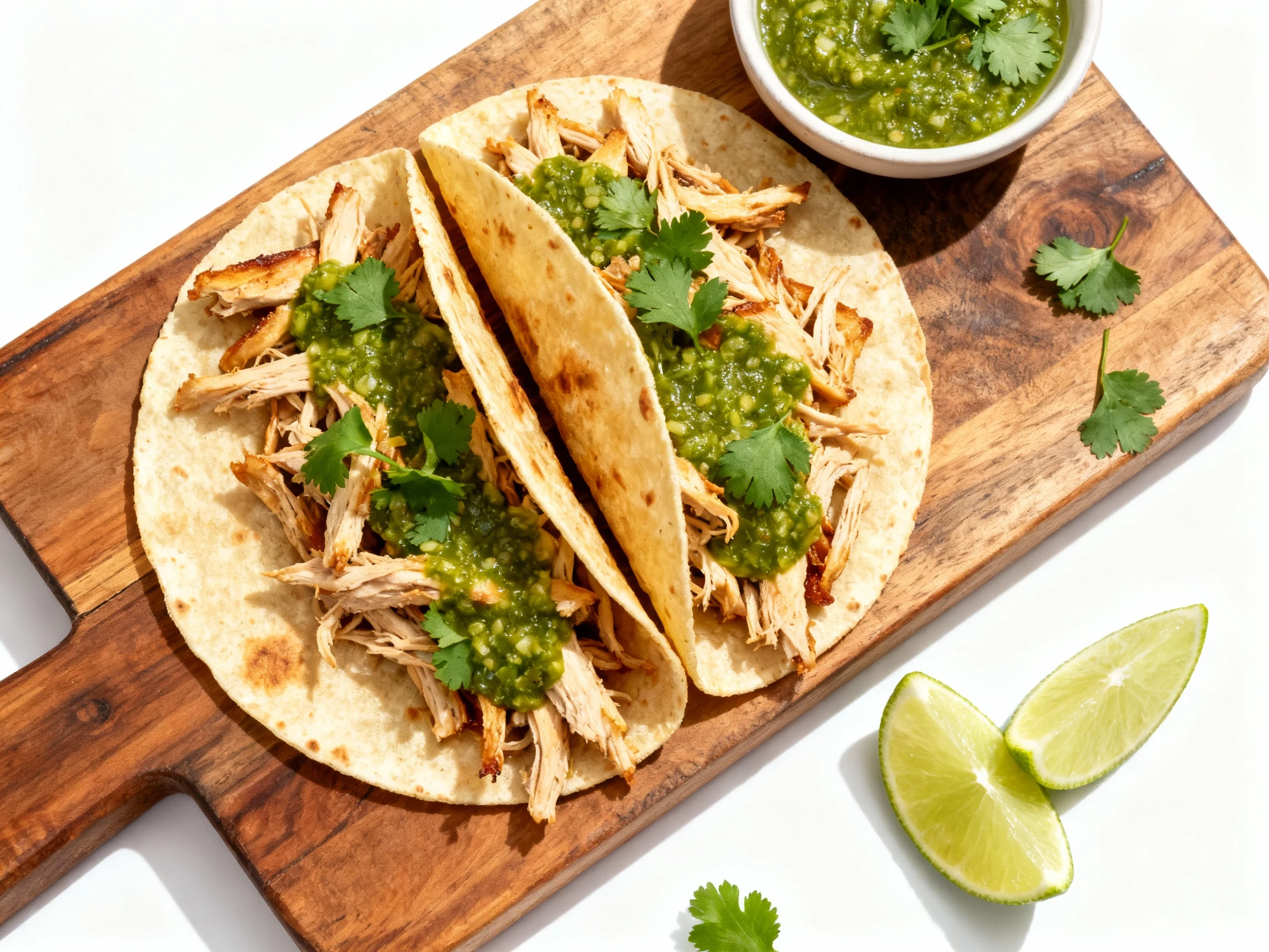 Food photography, Tasty top view: Salsa Verde shredded chicken tucked into warm tortillas, vibrant green sauce with cila