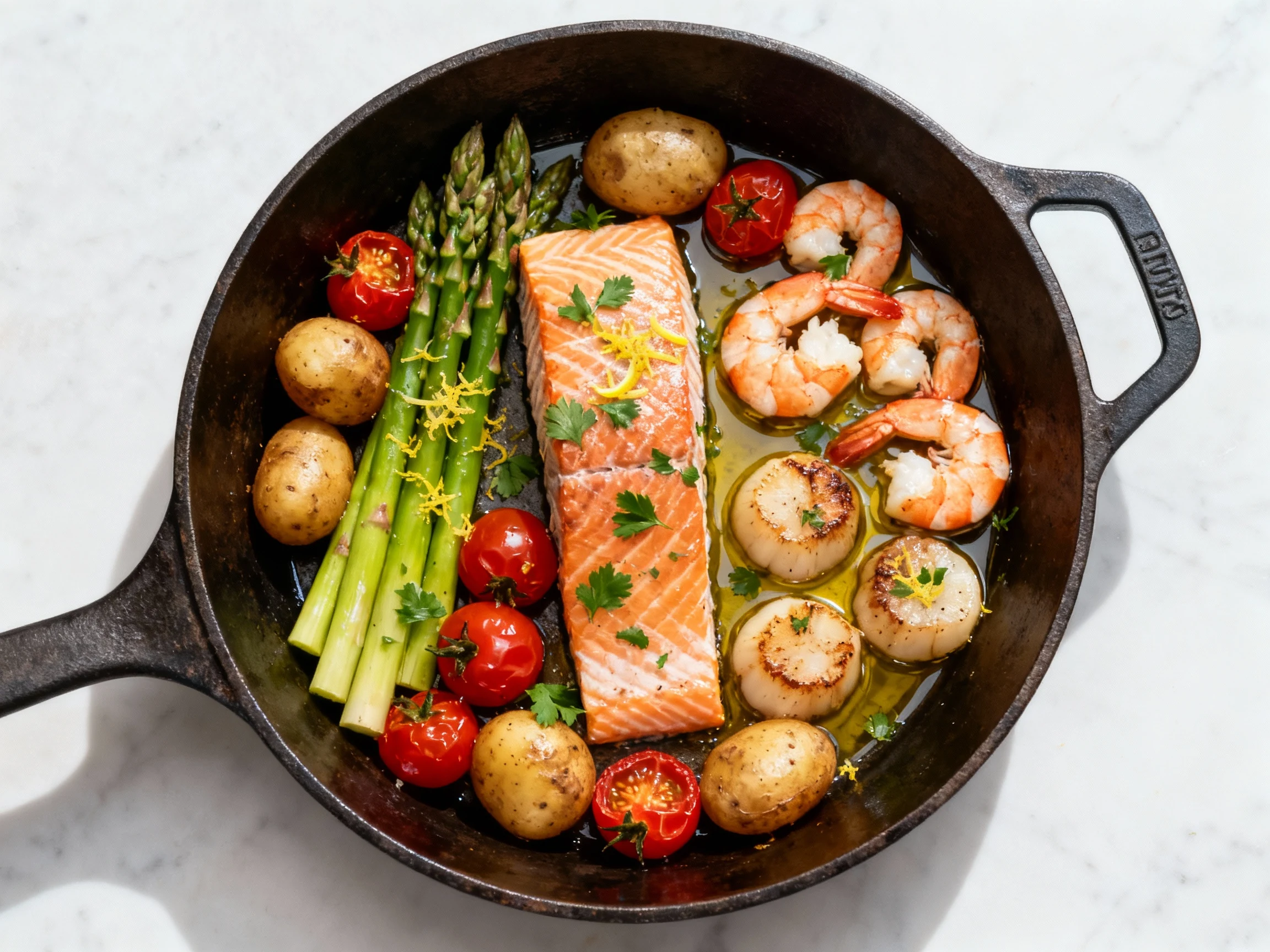 Food photography, Overhead top view of the complete one-pan dinner: salmon, shrimp, and scallops nestled among roasted b