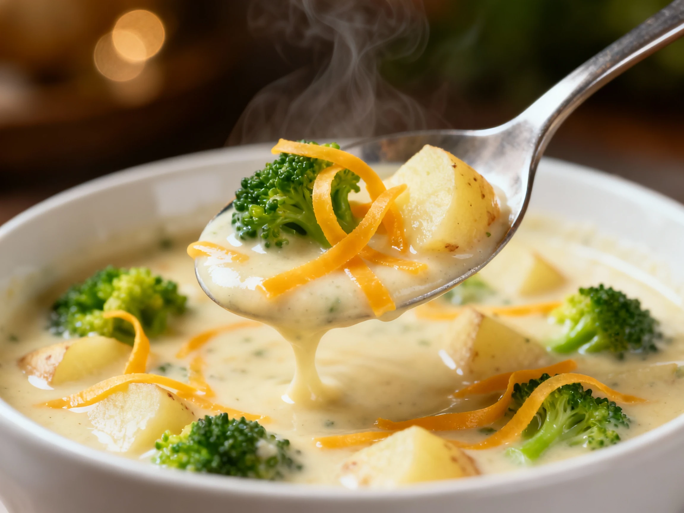 Food photography, Final dish close-up: Spoon-lift of broccoli cheddar potato soup—glossy, ultra-creamy texture with melt