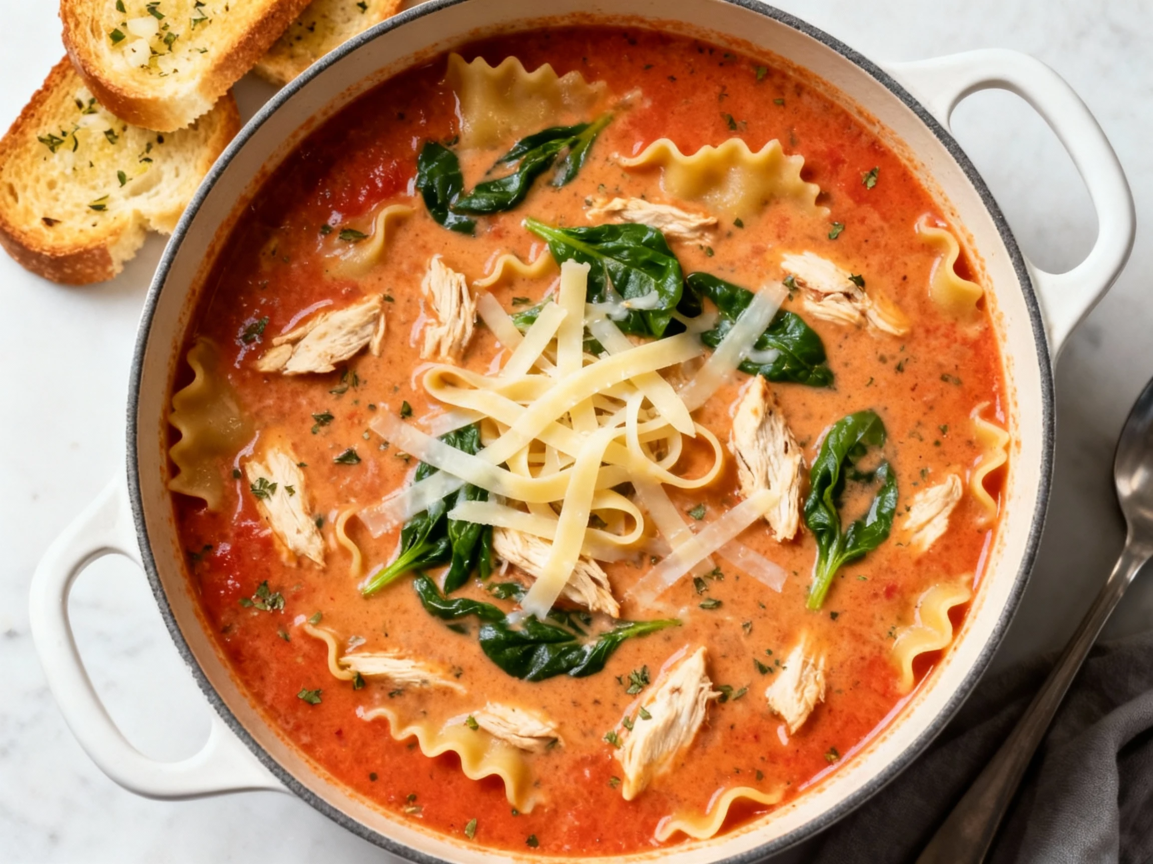 Food photography, Tasty top view: overhead of the one-pot chicken lasagna soup just rested—thickened creamy tomato base,